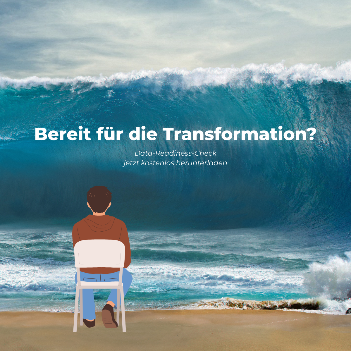 A person sits facing a giant wave with the text "Bereit für die Transformation?" above, suggesting readiness for transformational change.