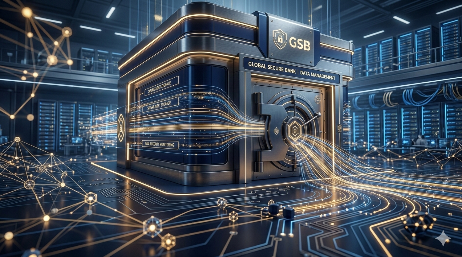 Futuristic data vault labeled "Global Secure Bank," with digital connections in a high-tech server room.