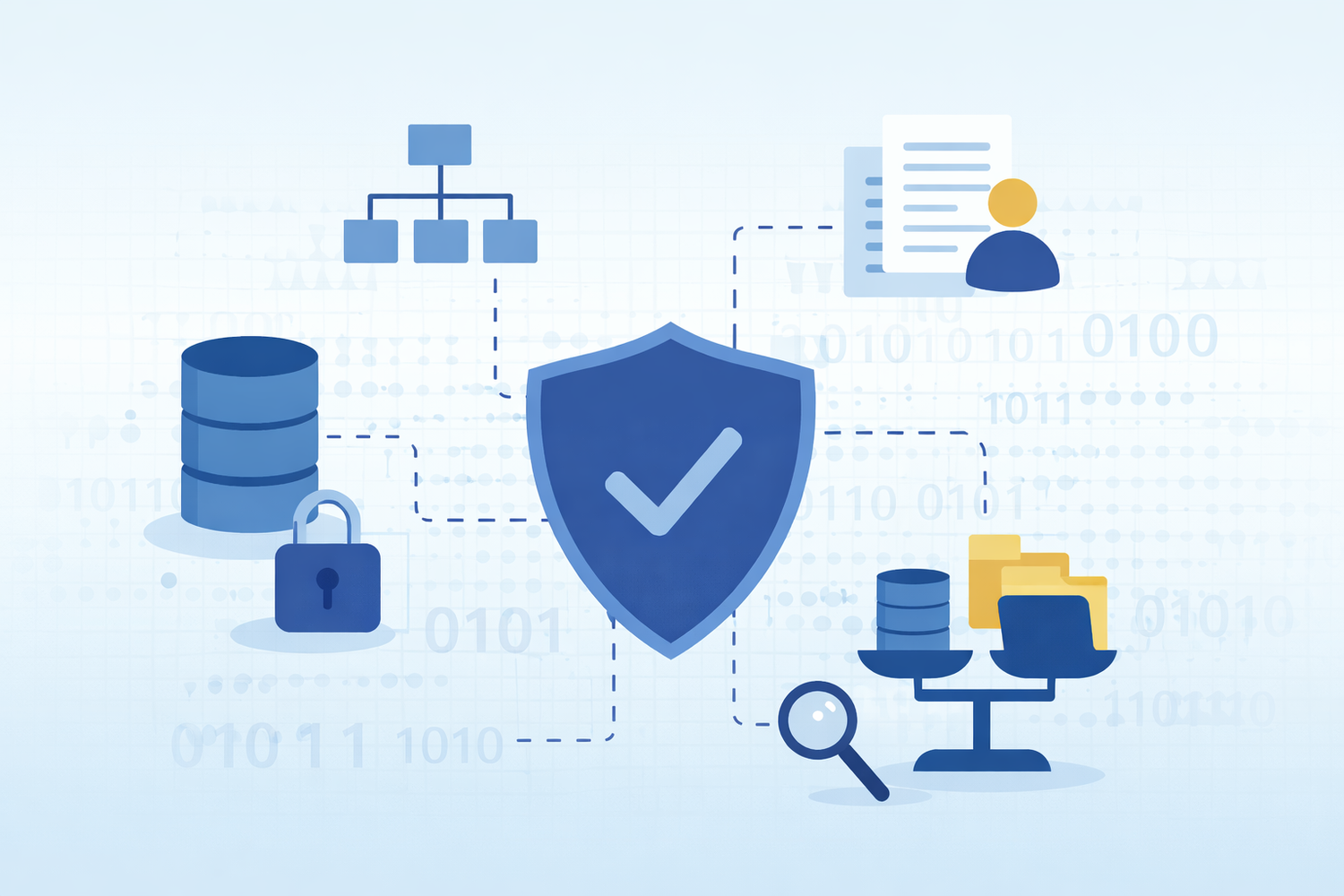 Illustration of cybersecurity concepts with a shield, padlock, database, flowchart, documents, magnifying glass, and binary code background.