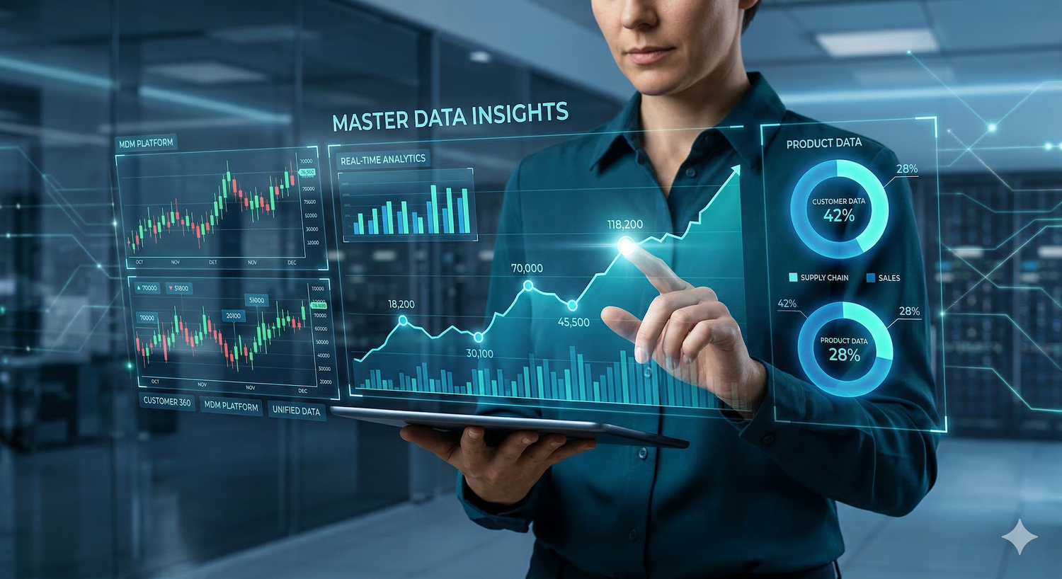A person interacts with a digital tablet displaying holographic graphs and charts labeled "Master Data Insights" in a modern office setting.