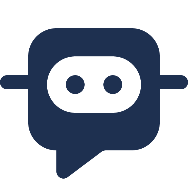 Dark blue robot head icon with two circular eyes inside a speech bubble shape on a transparent background.