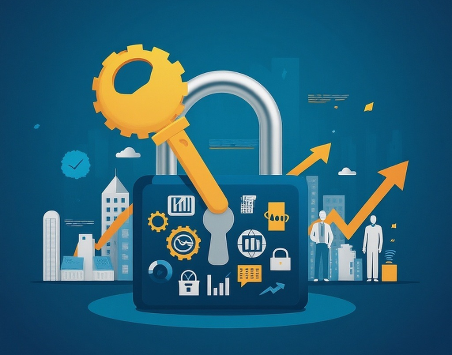 Ein Schloss und Schlüssel mit Business Symbolen, vor einer Stadtkulisse im Hintergrund. Pfeile und Diagramme symbolisieren Wachstum und Erfolg.