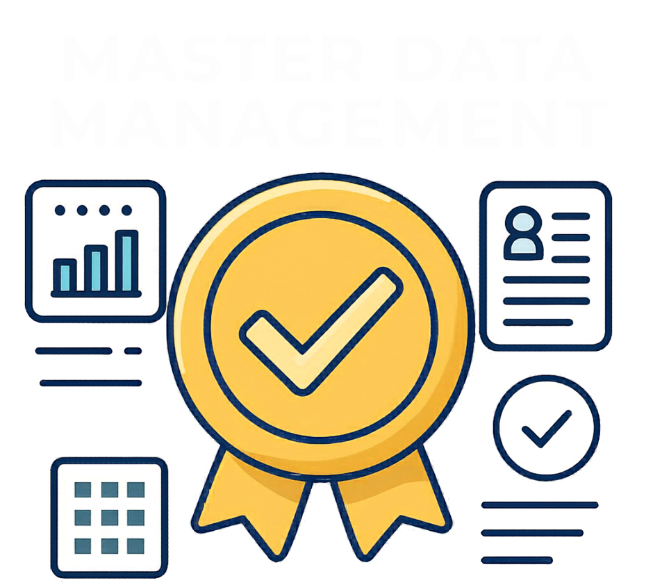 Gold checkmark badge with icons of graphs, documents, and checkboxes under "Master Data Management" text.