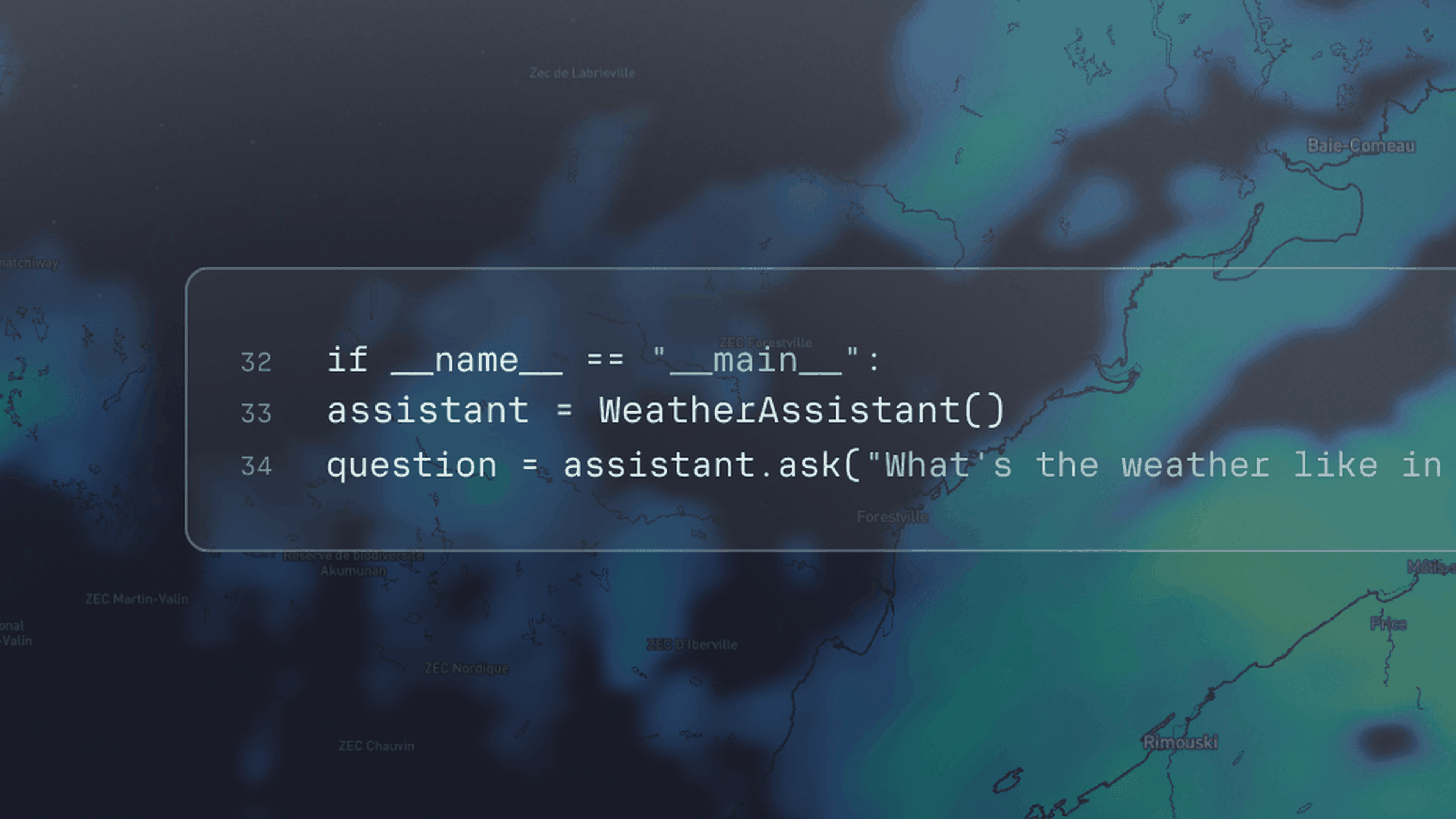 Map background with Weather API code overlay: Python script for a weather assistant, featuring a function call about weather inquiries.