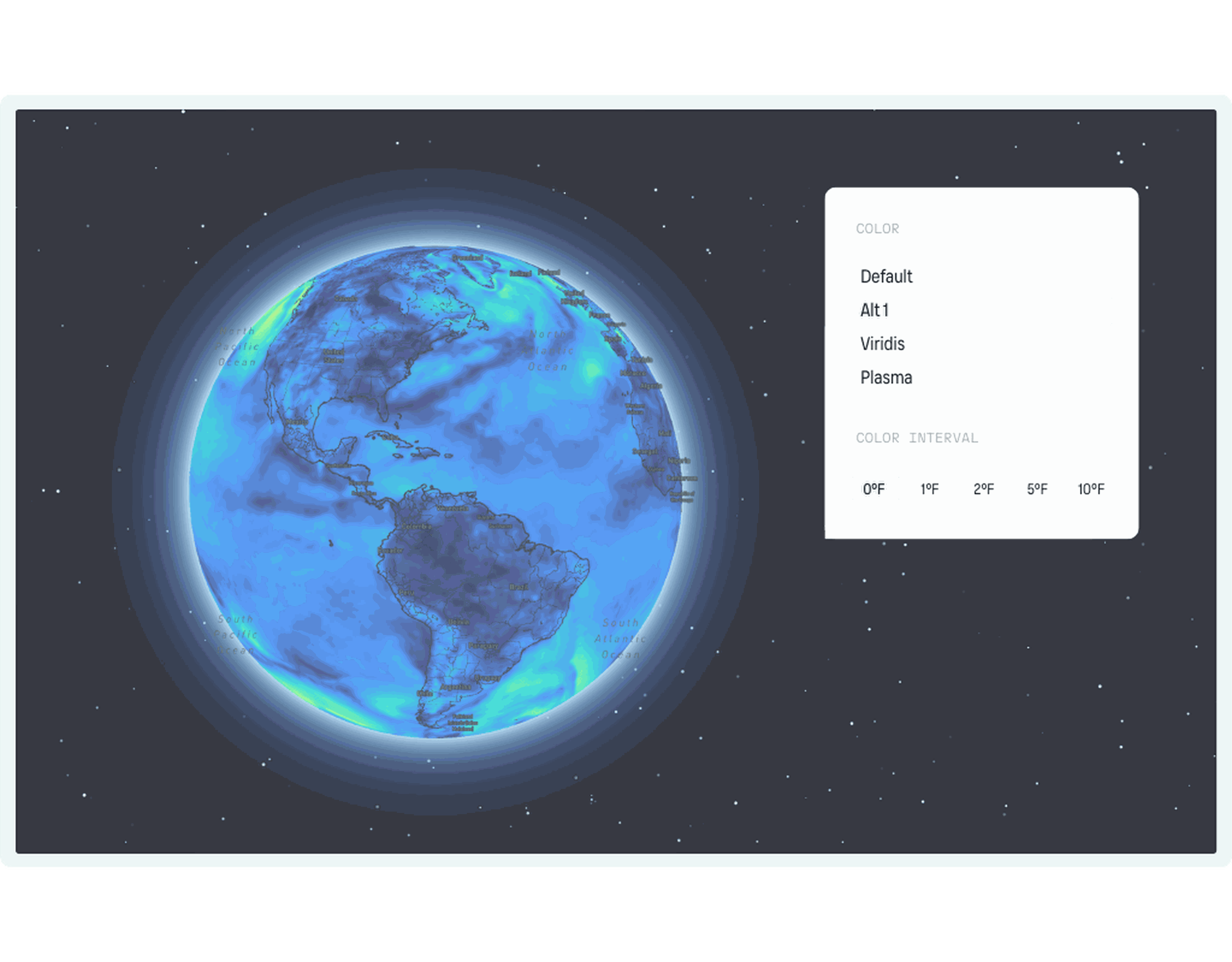 A digital rendering of Earth in blue-green tones against a starry backdrop in MapsGL, with a data panel showing color options and temperature intervals.