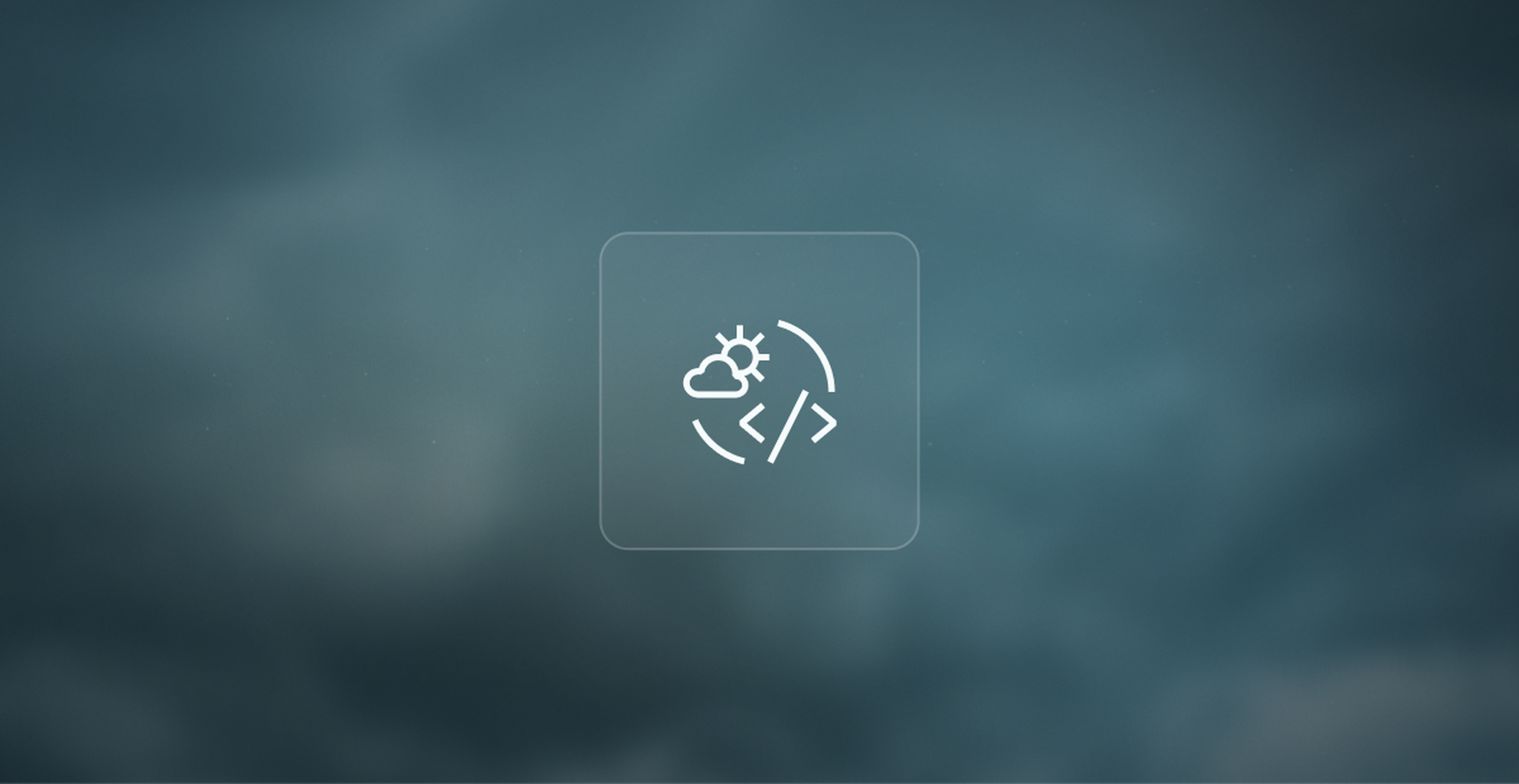 Icon with a sun behind a cloud and coding symbols, set against a gradient blue background.
