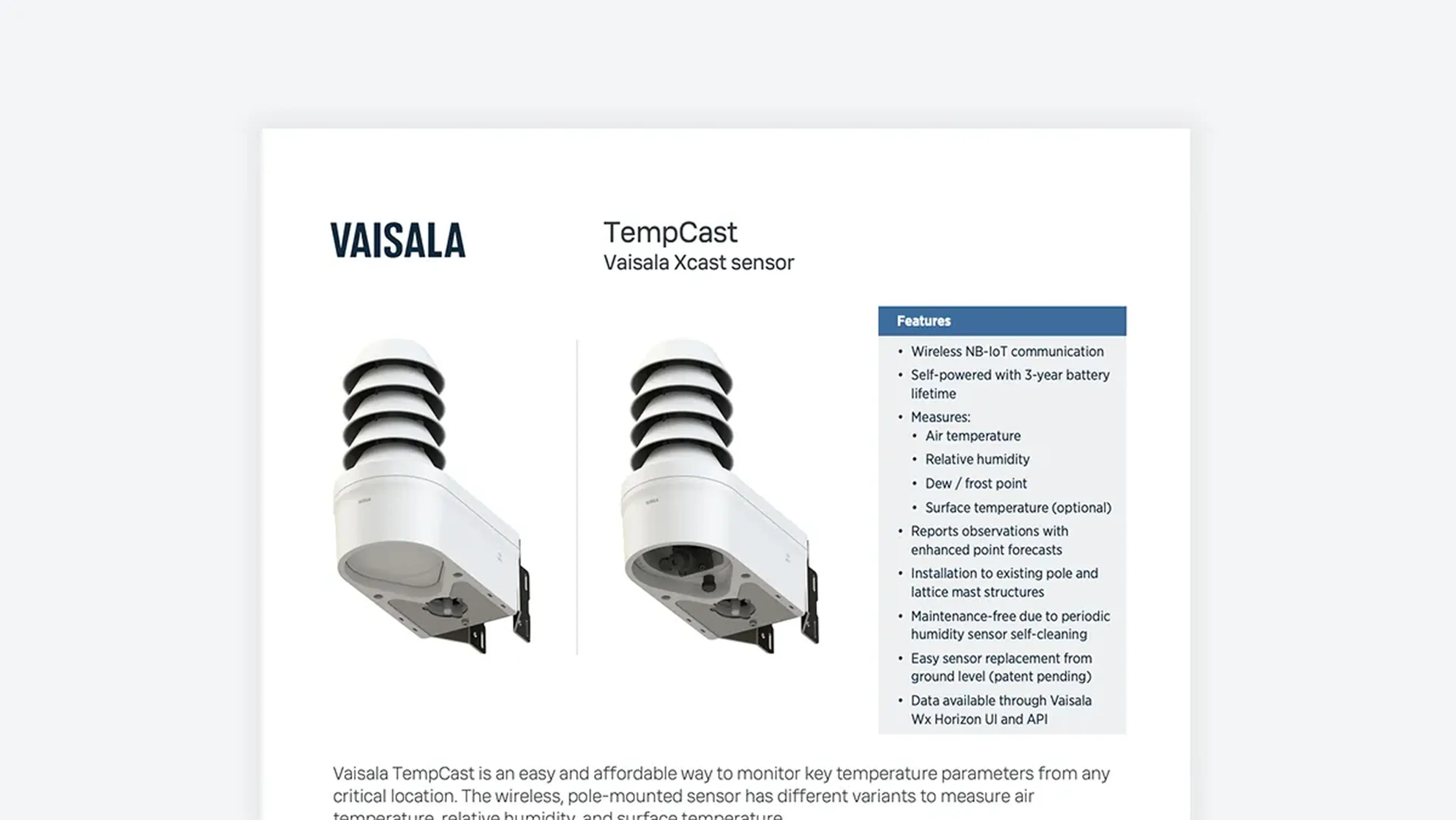 Image of Vaisala TempCast sensor datasheet
