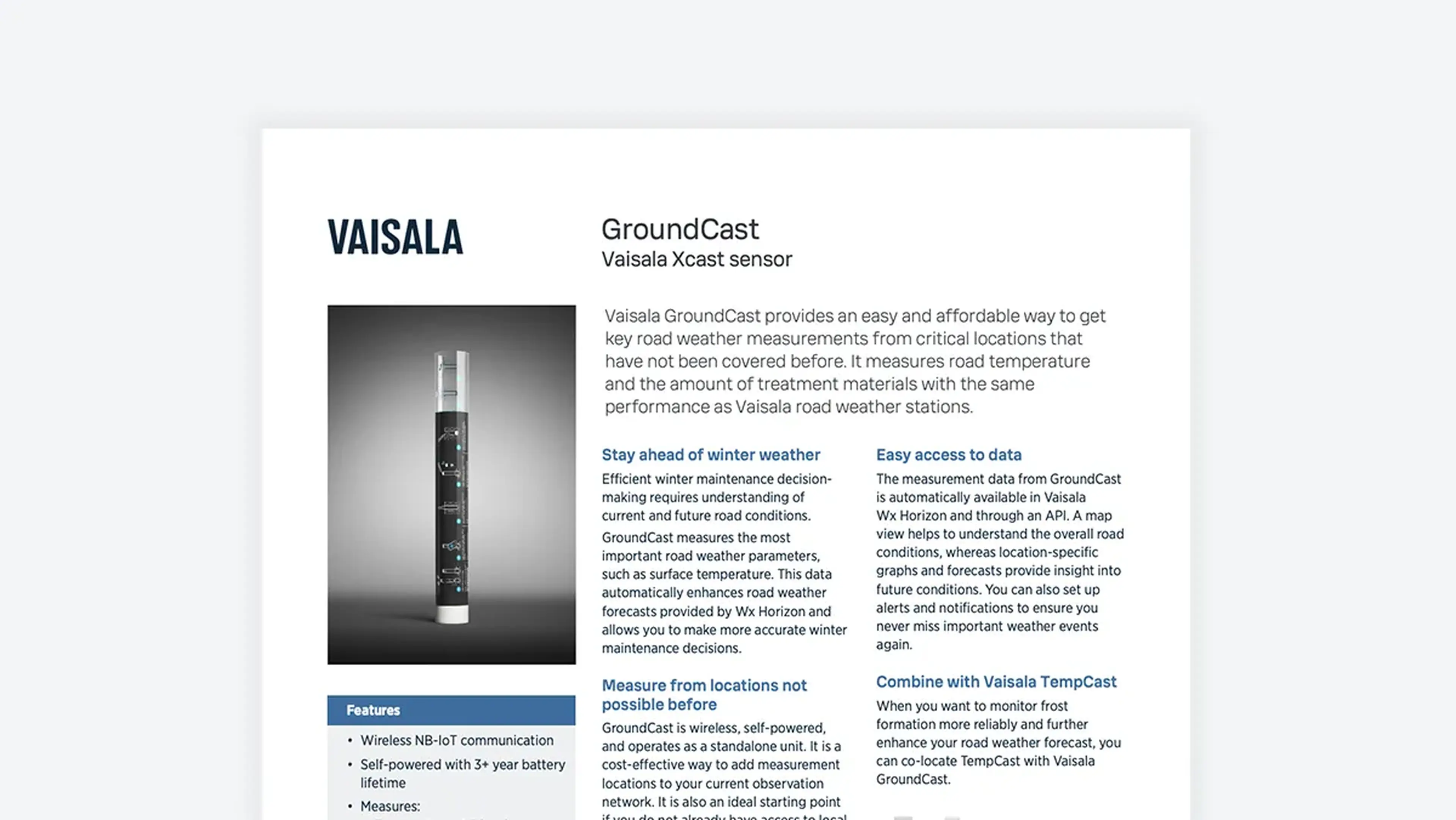 Image of a datasheet for the Vaisala GroundCast Xcast sensor, featuring a sensor image and details on features and benefits.