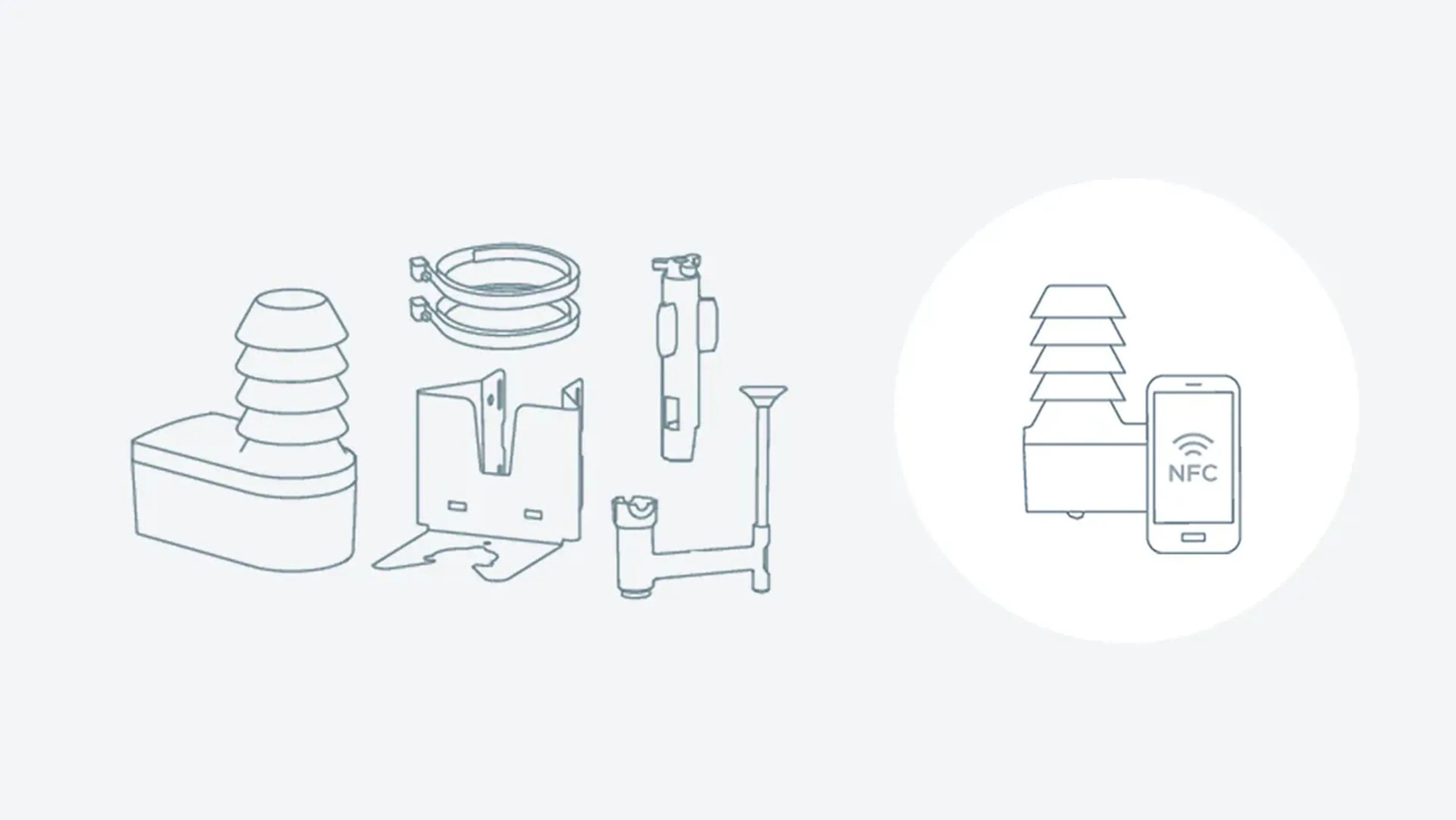 A Vaisala TempCast weather sensor, installation equipment, and a mobile phone with NFC text.