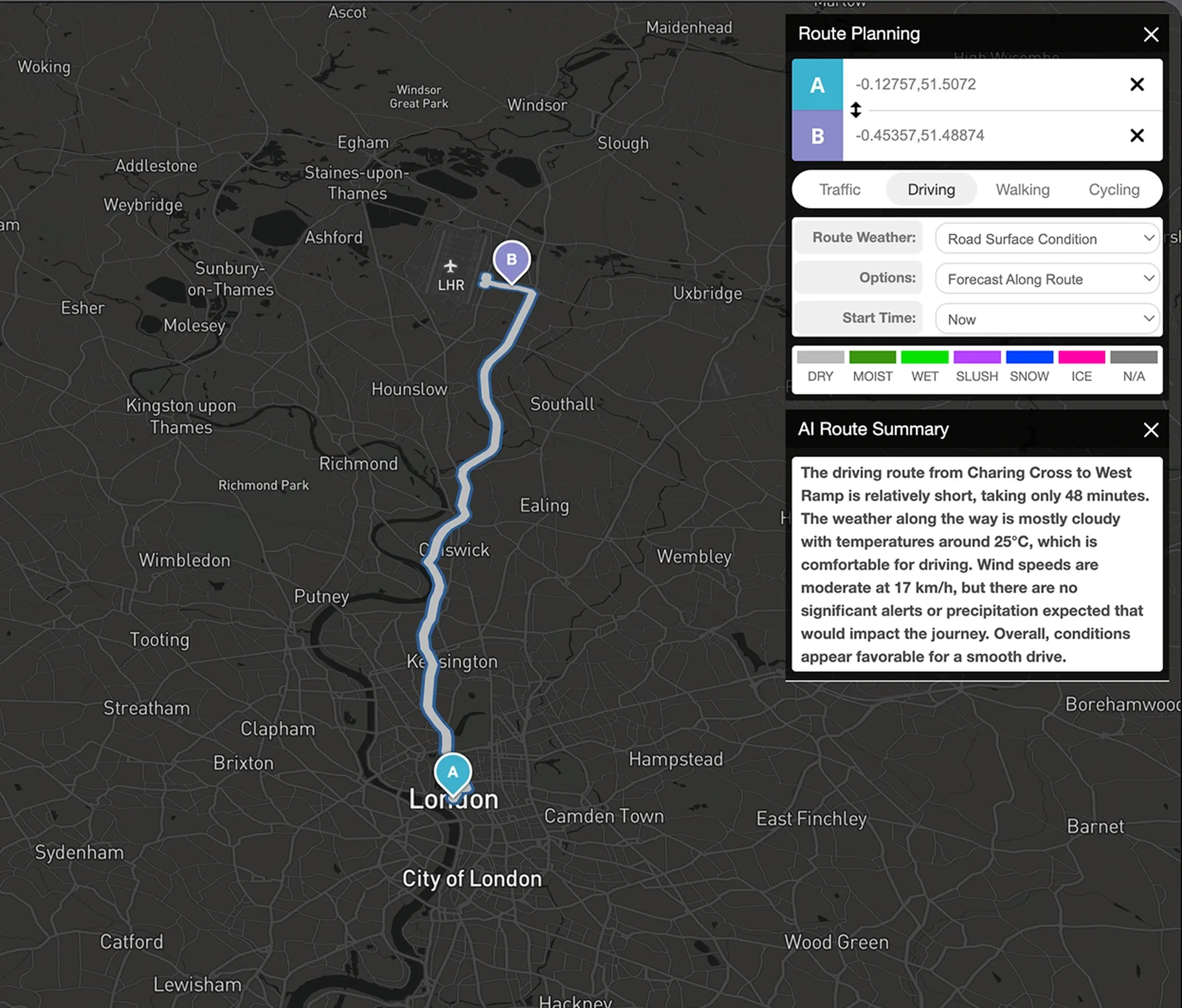 Map showing a driving route from London to near Heathrow Airport with clear weather conditions and a description box detailing the journey time and weather.