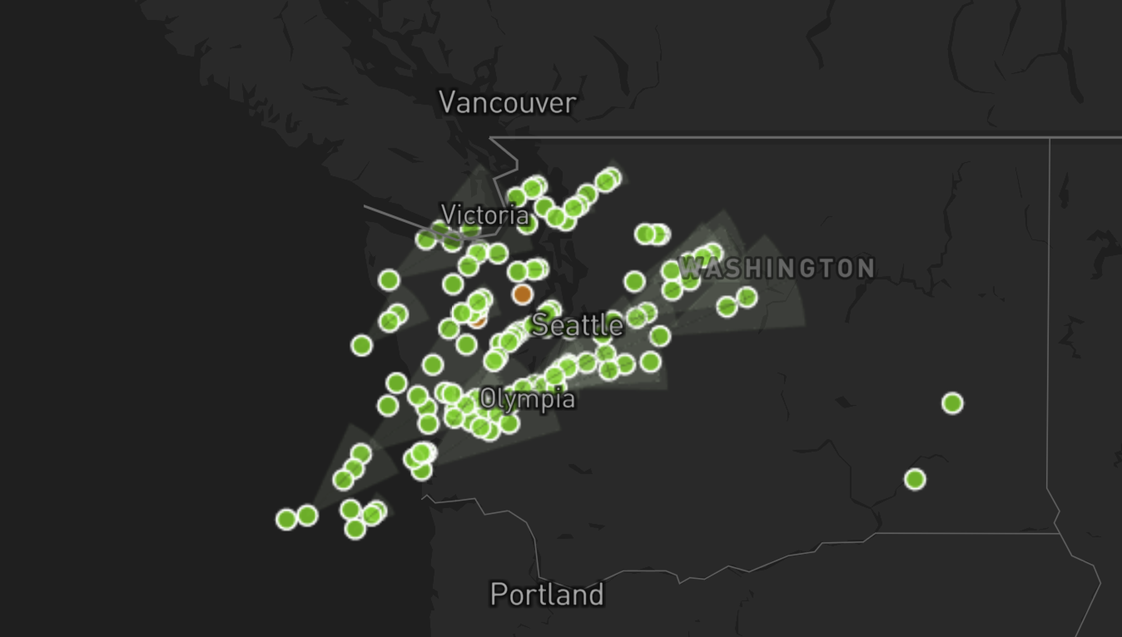 Map highlighting locations with green markers around Seattle, Washington, extending to Portland and Vancouver.