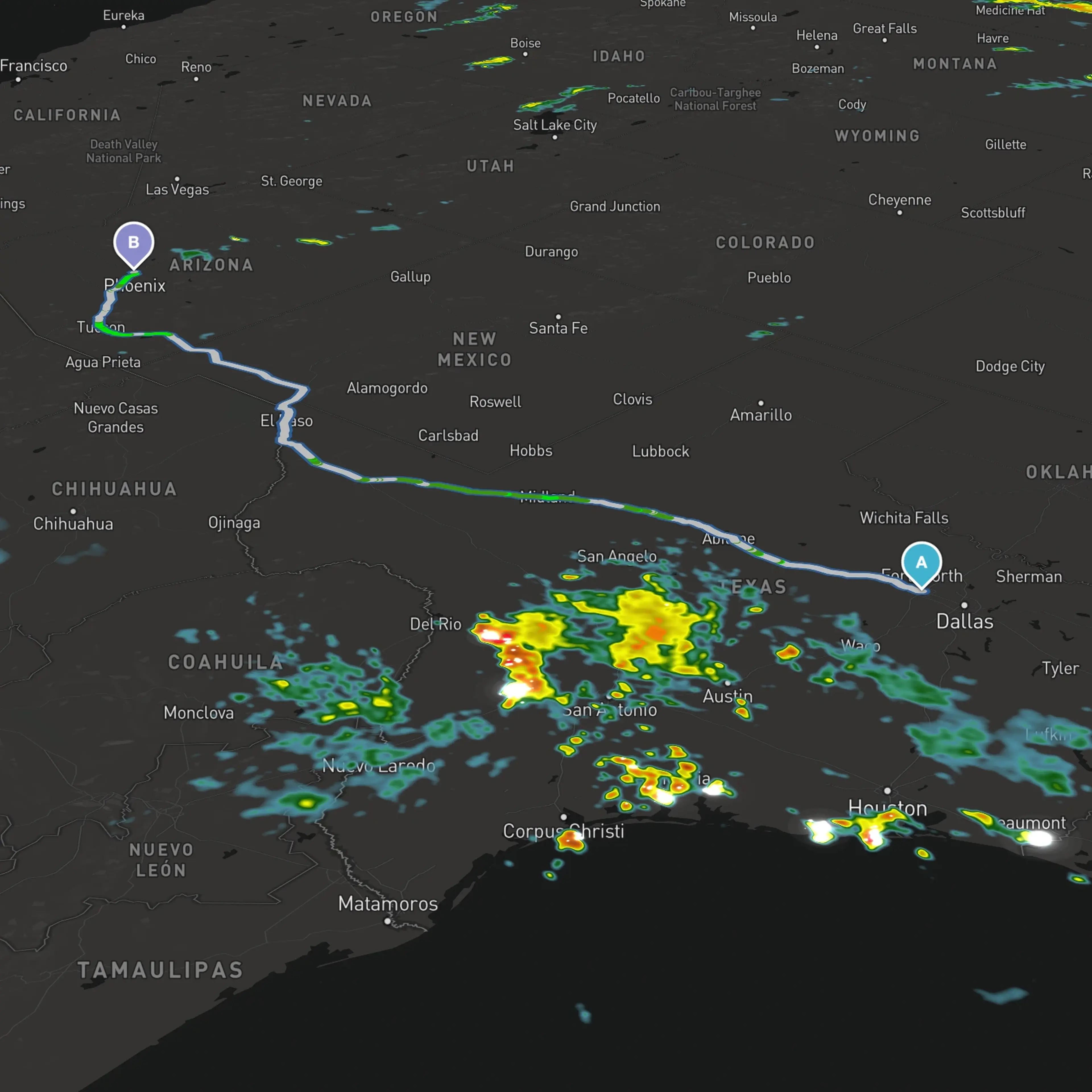 A dark map showing a route from Dallas to Phoenix with scattered weather patterns across Texas and parts of Mexico.