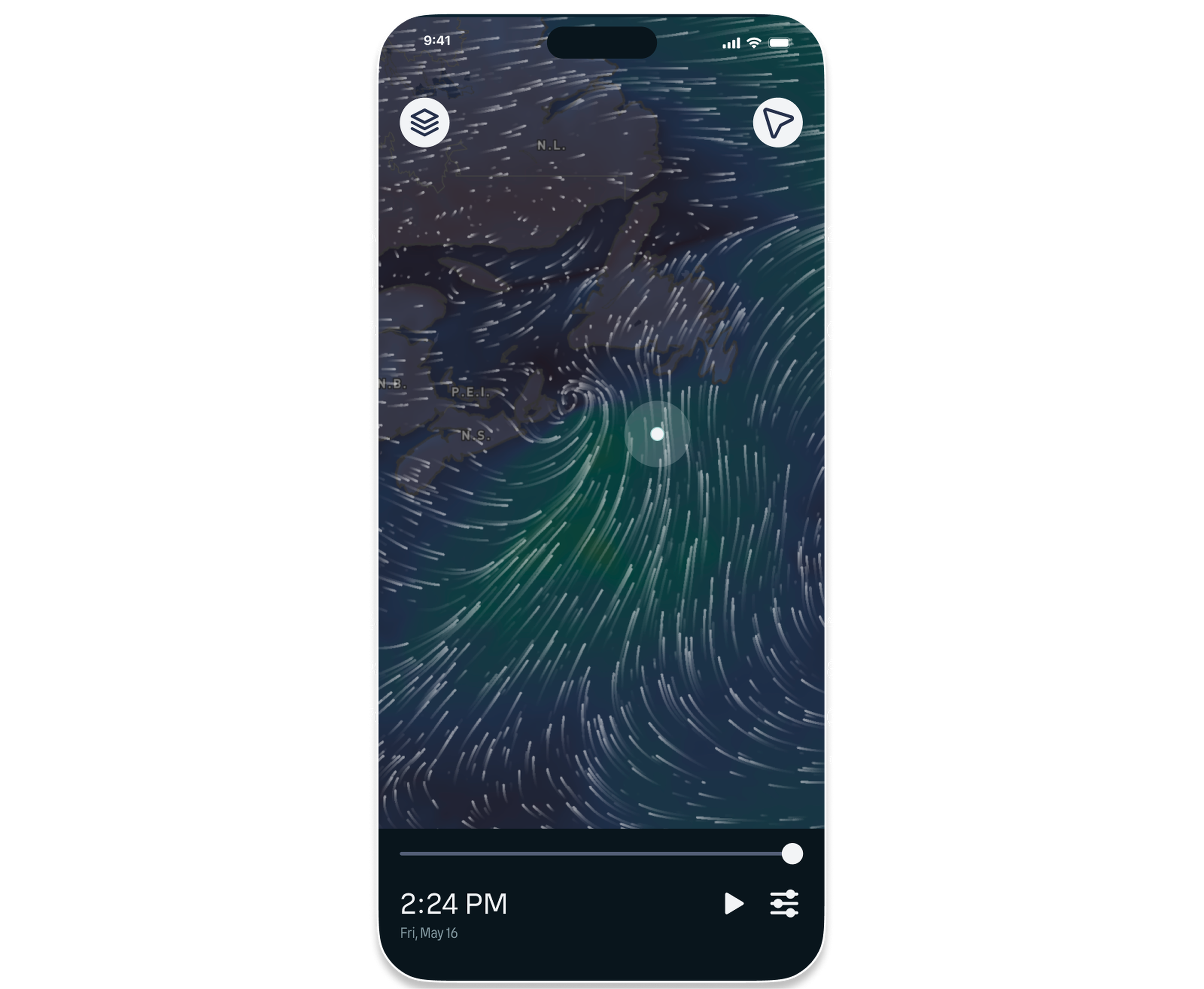 Smartphone displaying a weather map with swirly wind patterns, surrounded by code showing location coordinates and timestamps.