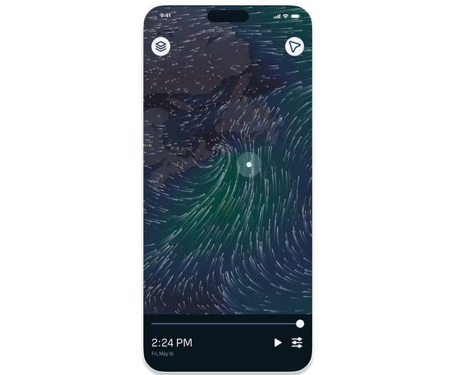 Smartphone displaying a weather map with swirly wind patterns, surrounded by code showing location coordinates and timestamps.