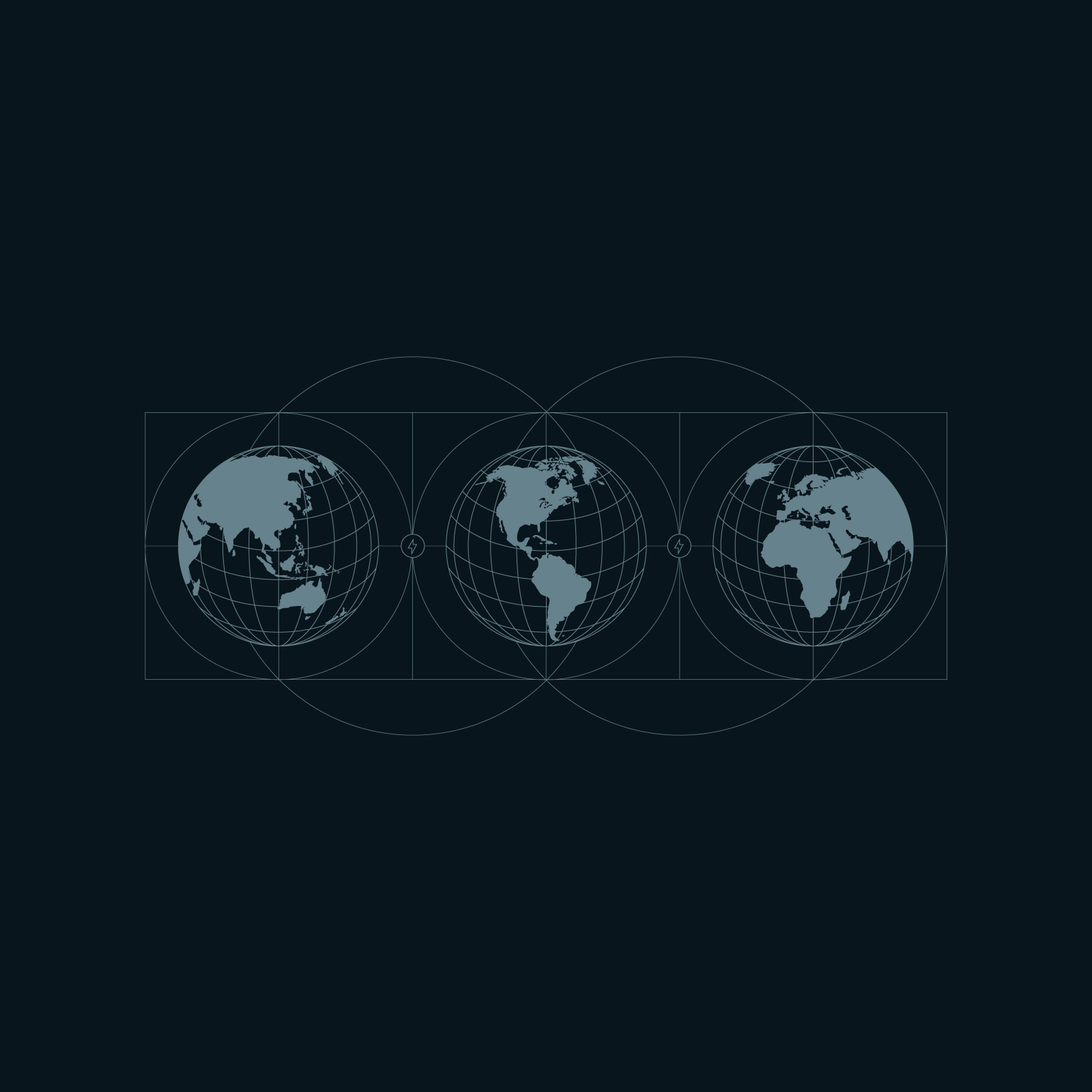 Minimalistic world map illustration with three overlapping globes showing different continents on a dark background.