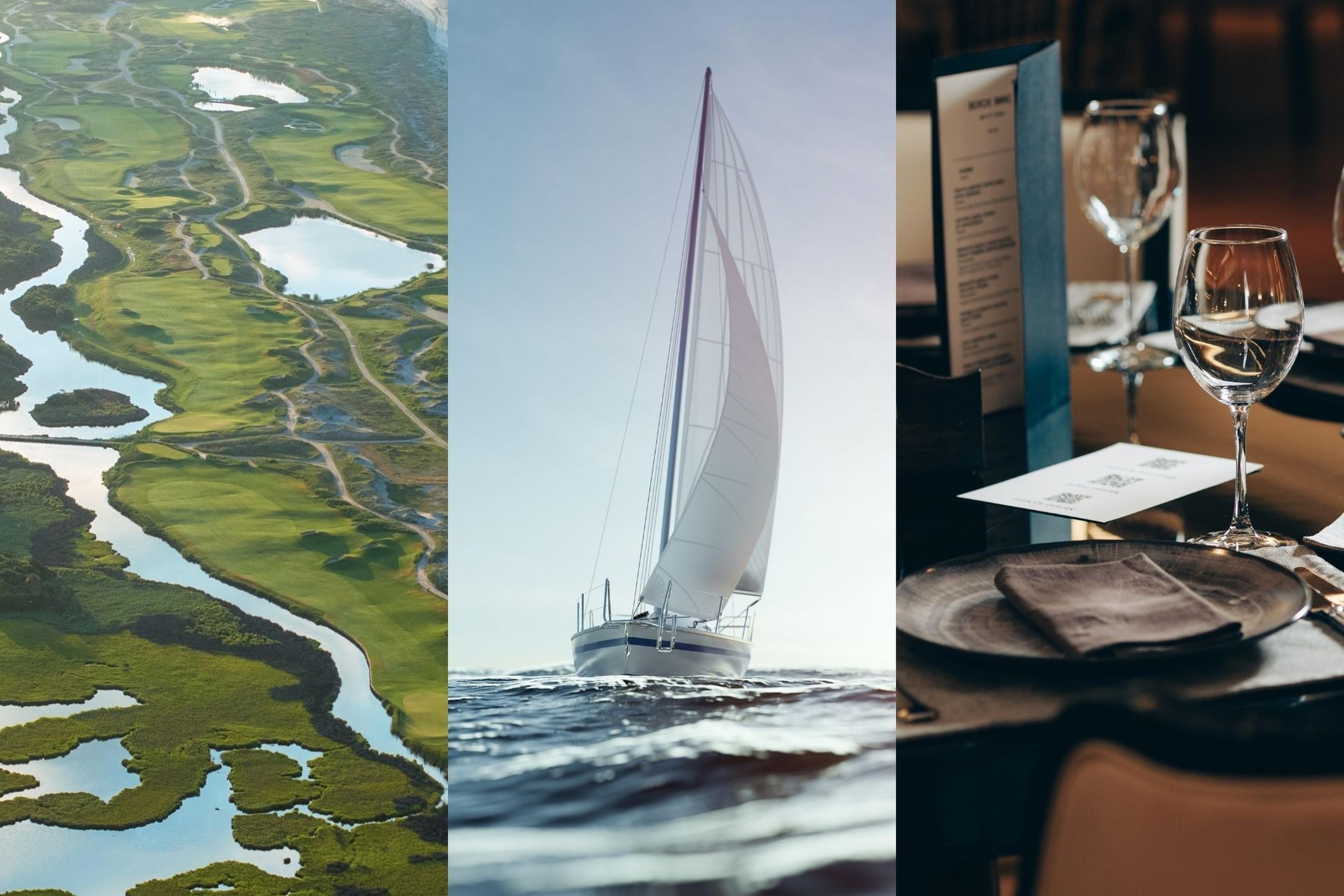 Aerial view of a golf course, a sailboat on water, and a set dining table with wine glasses and menus.