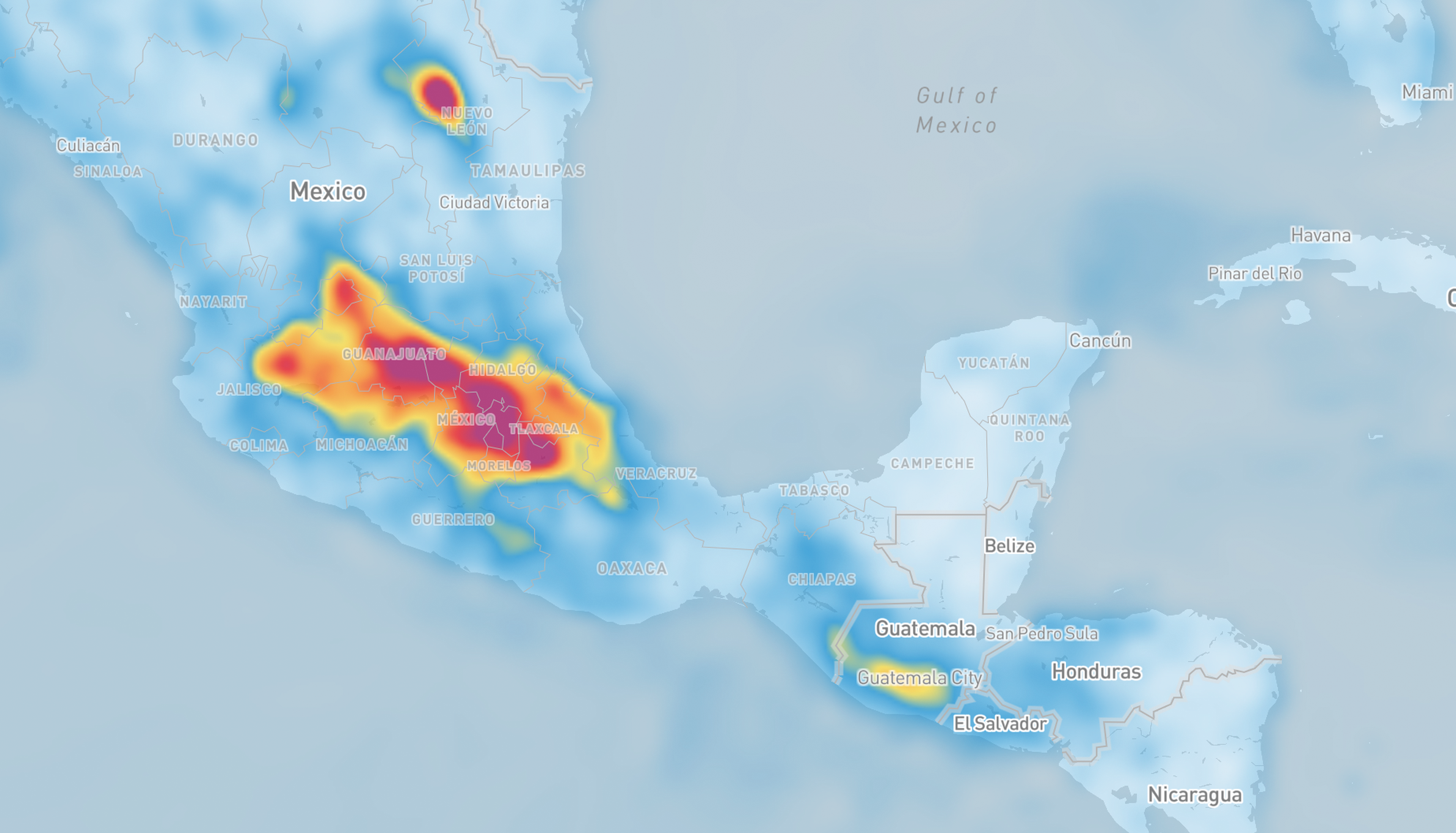 Air quality map in Xweather Raster Maps showing high activity areas in central and southern Mexico, with intense red around Puebla, set against a light background