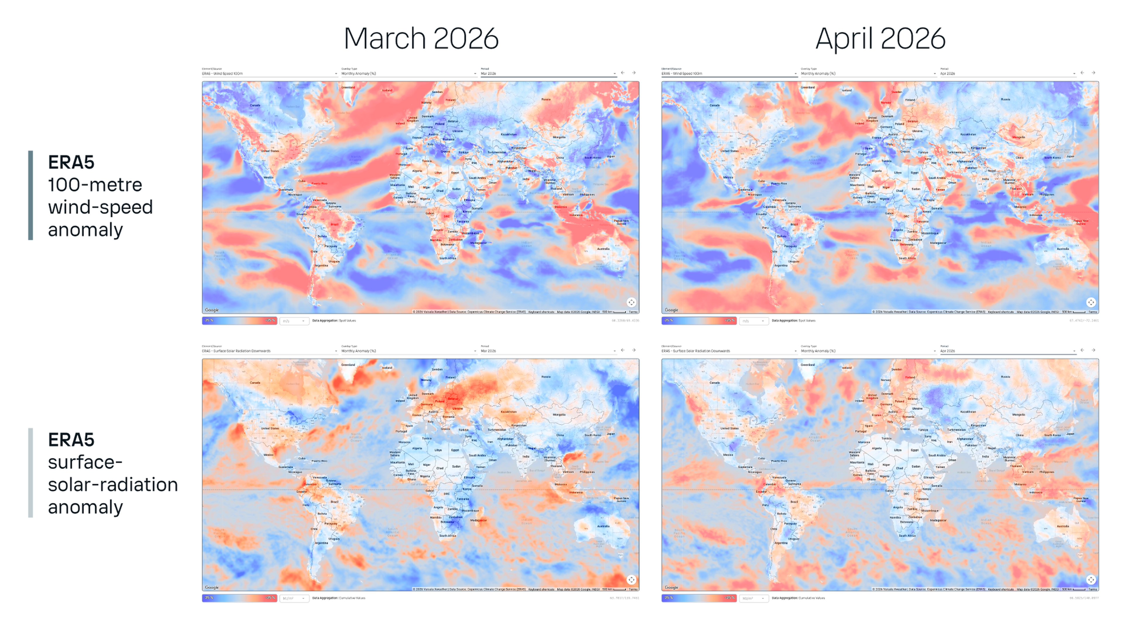 Maps showing wind-speed and solar-radiation anomalies for March and April 2026, with red and blue areas indicating variations from the norm.