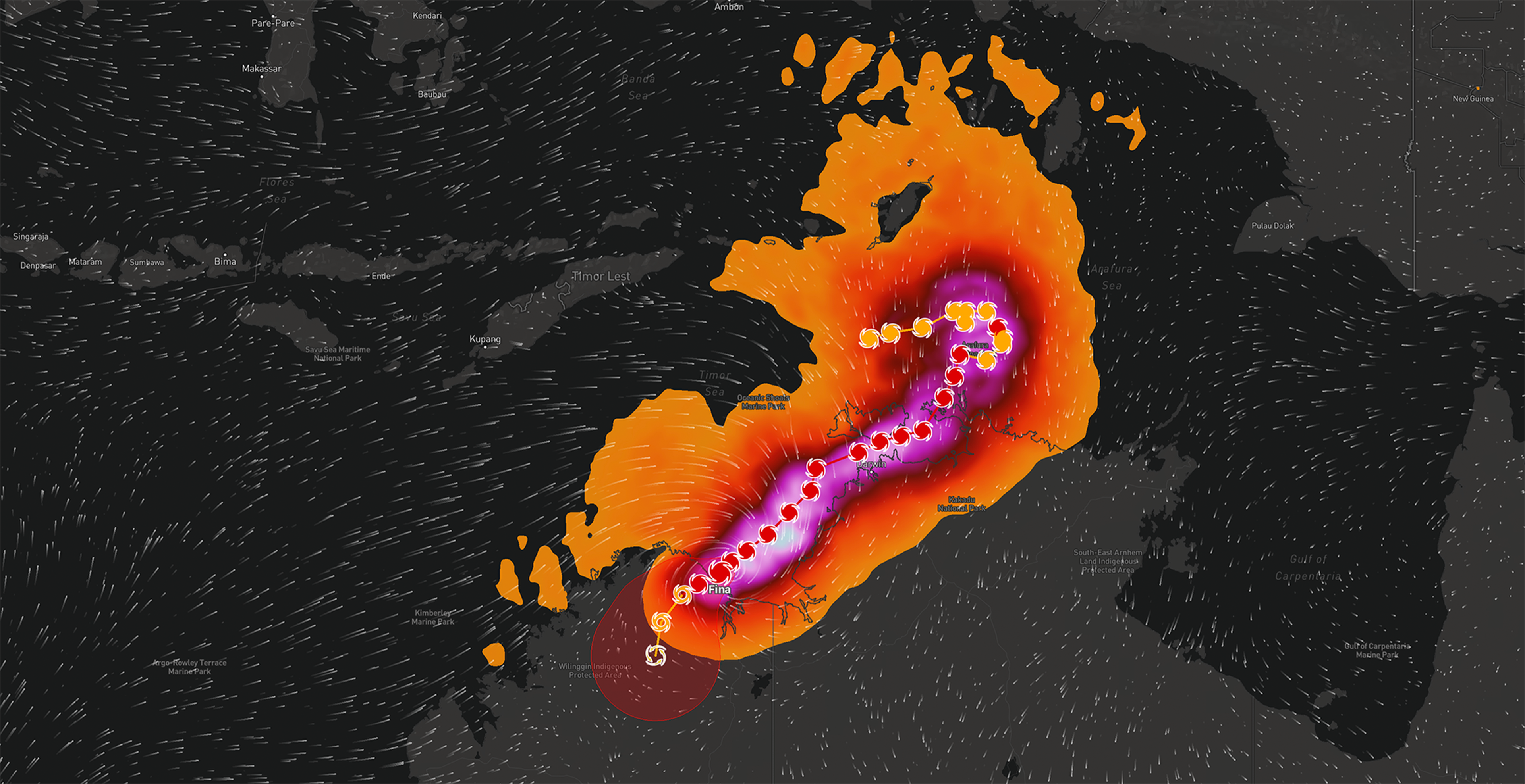 Map showing a cyclone tracking path in vivid colors over a dark backdrop, with swirling patterns indicating wind directions.