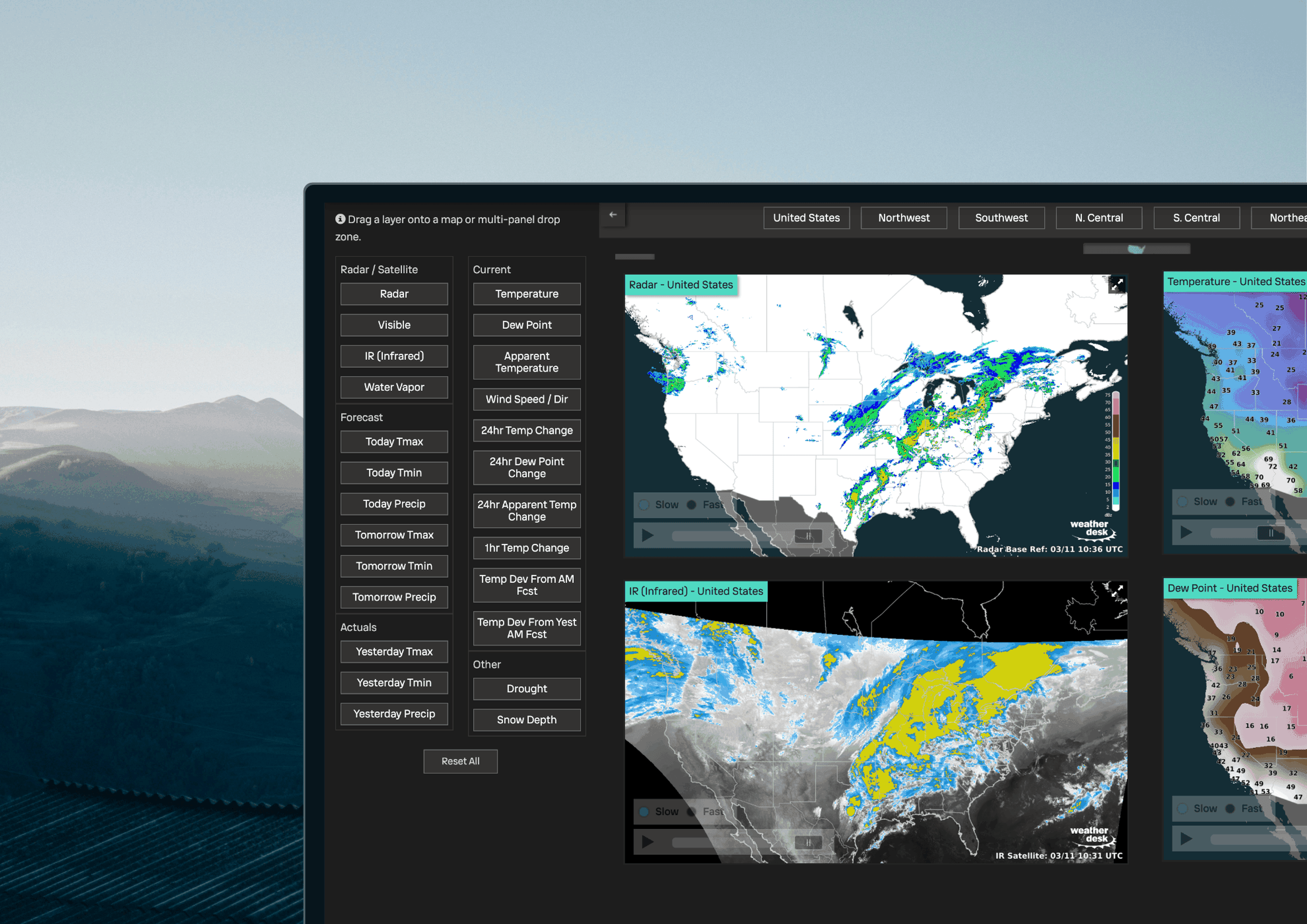 Xweather WeatherDesk software product showing colorful weather maps of the United States, showing temperature and dew point data, with menu options on the left.
