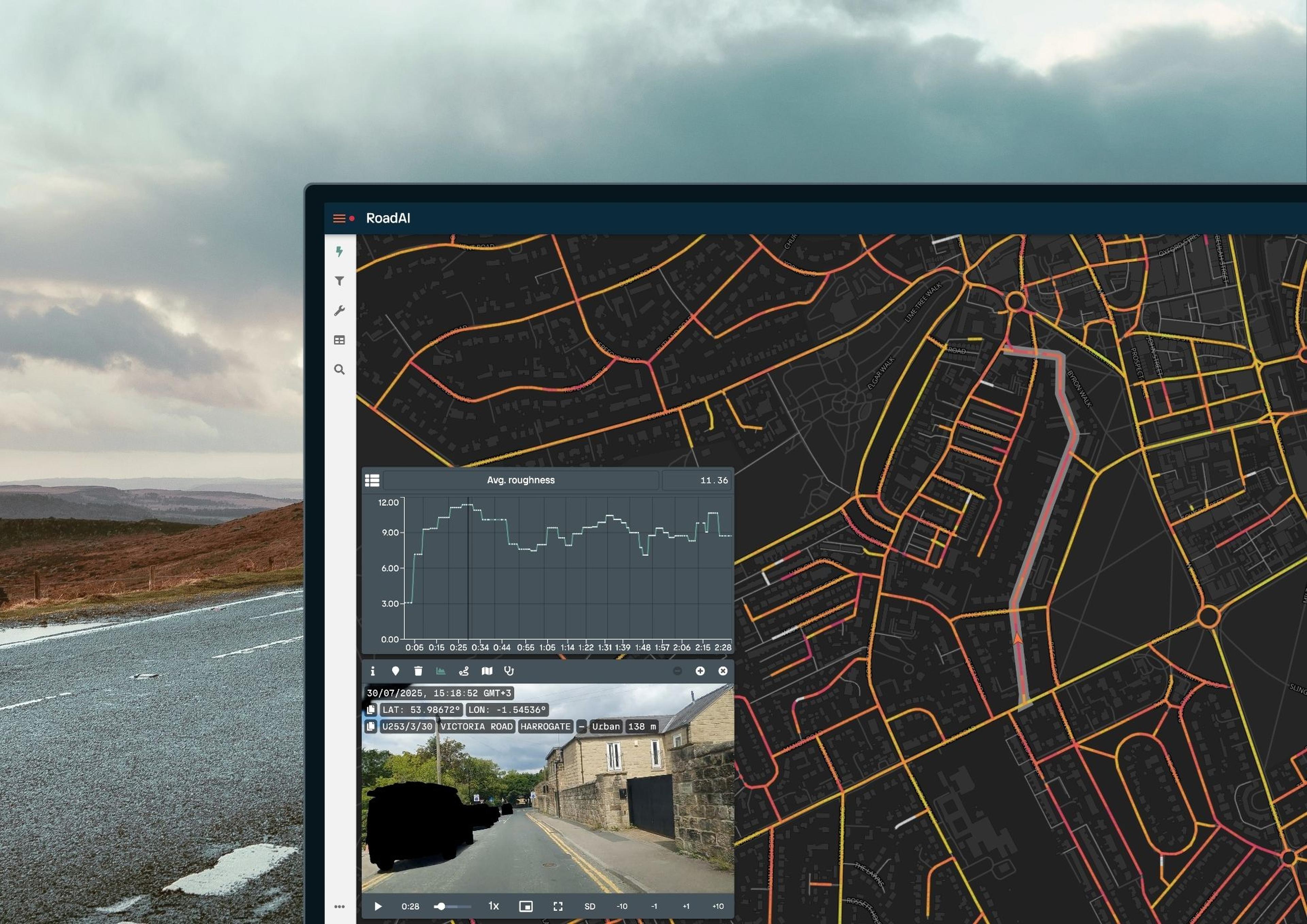 A computer screen shows Xweather RoadAI software with a map with colorful lines on streets and a graph. Below is a street view image of a road. Cloudy sky in background.
