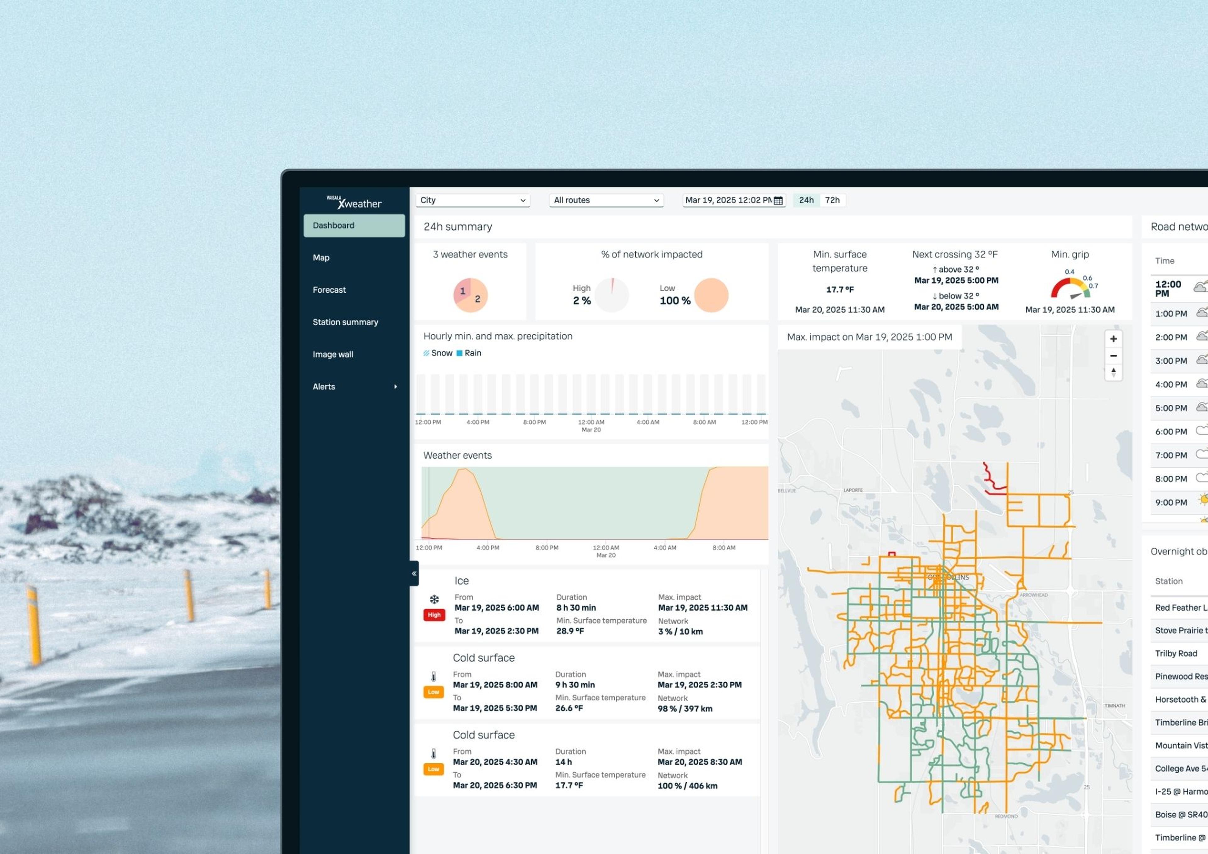 Dashboard of Xweather Horizon software product and a snowy road on the background