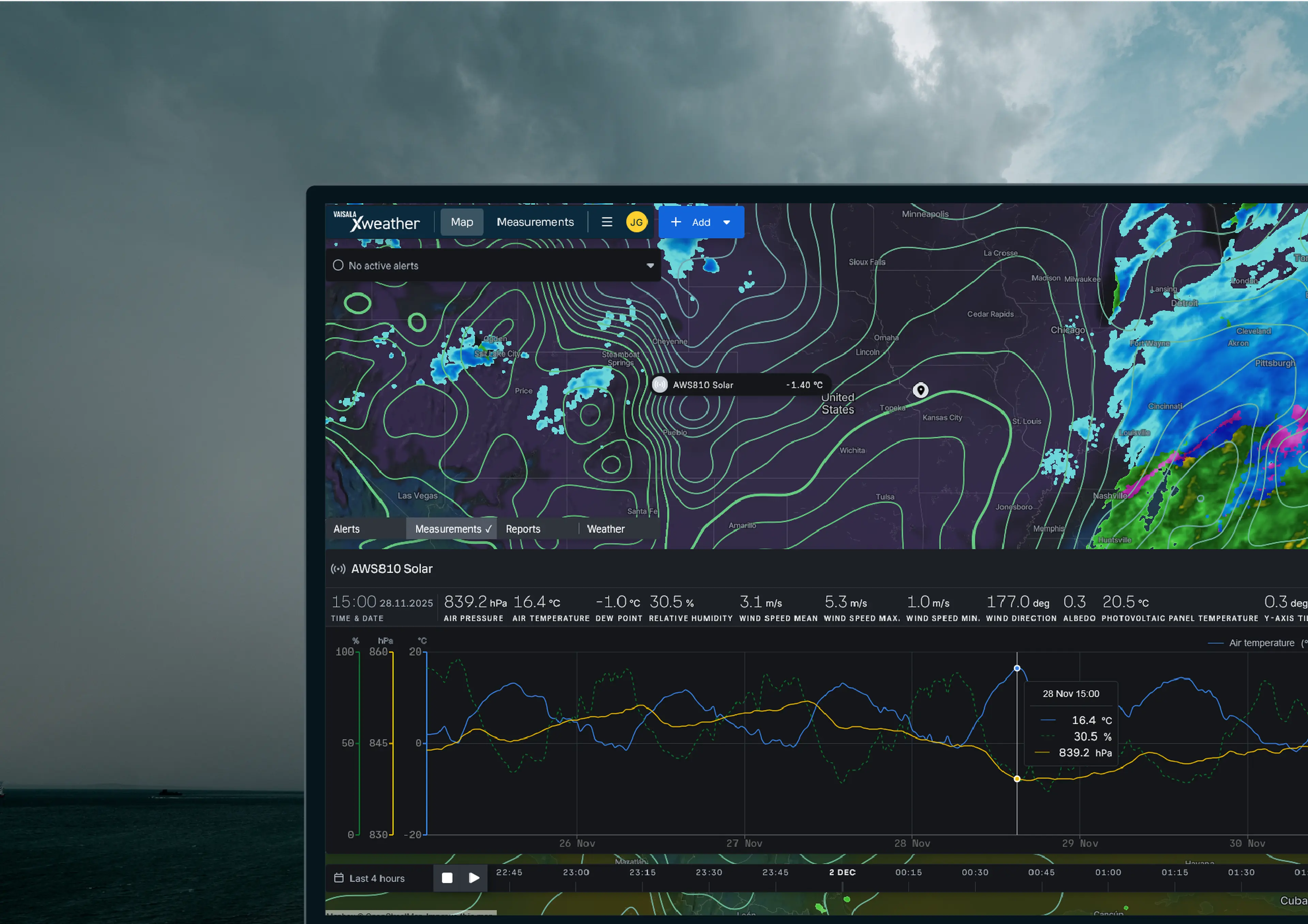 Xweather Observe software displaying storm patterns, data charts, and measurements on a screen against a cloudy sky backdrop.