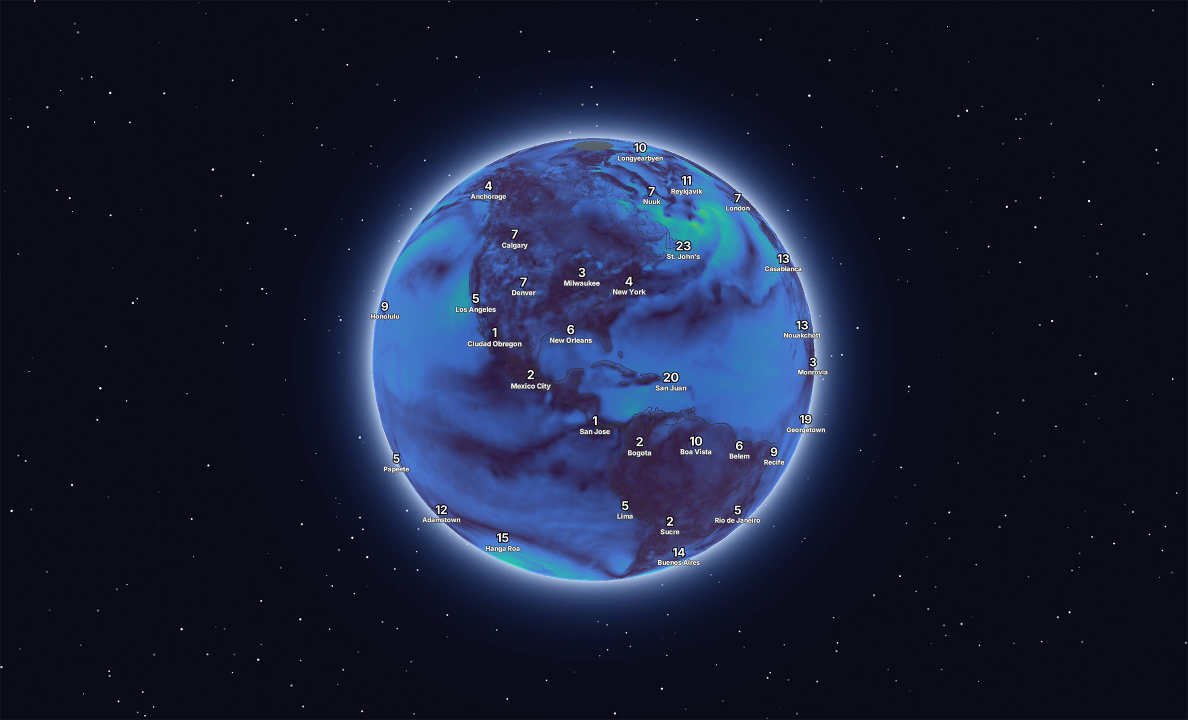 A glowing blue globe displaying precise wind speeds in various locations on a dark starry background.