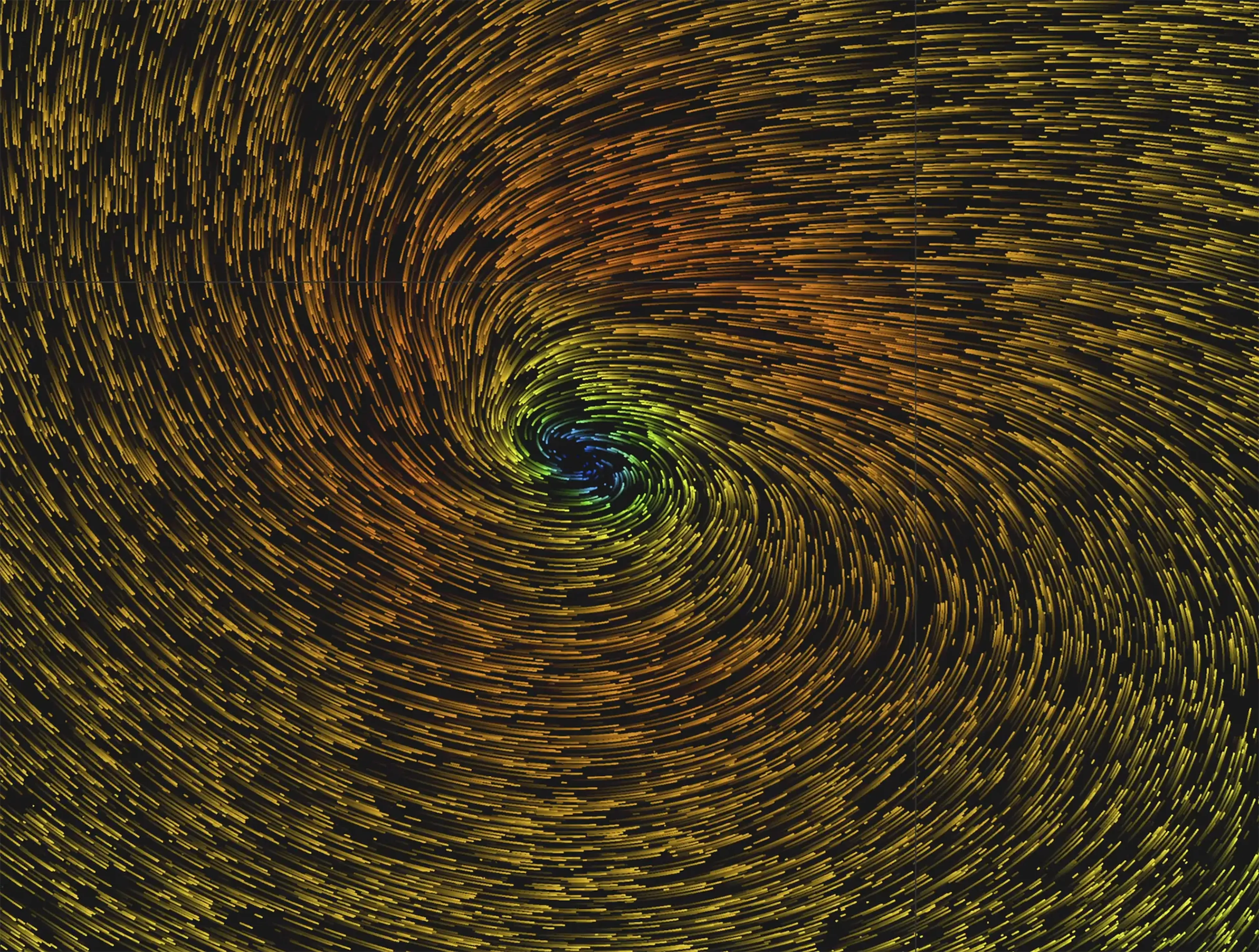 Weather wind map with swirling, multicolored lines creating a vortex pattern, with yellows, oranges, and blues blending together.