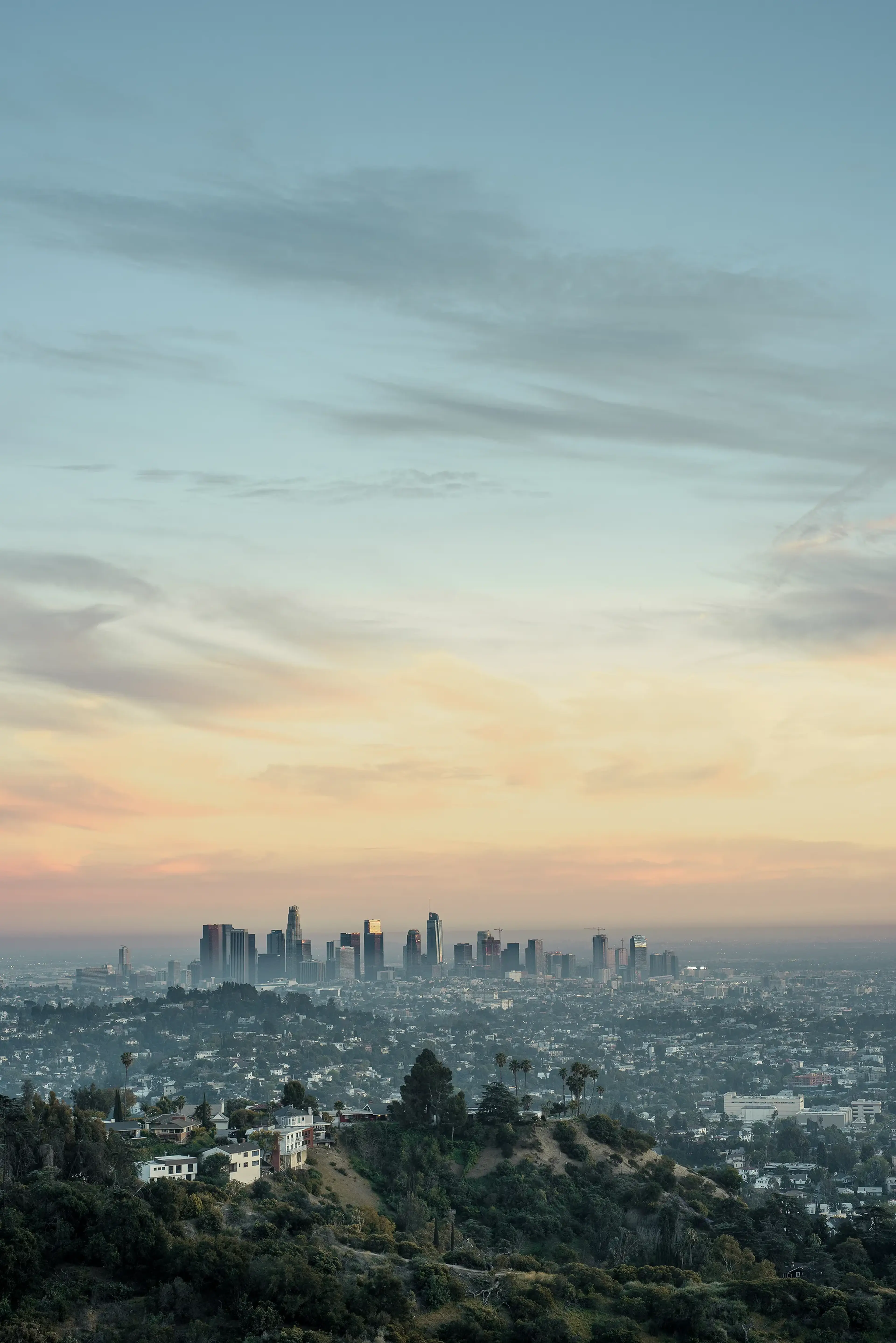 City skyline at dawn, with a pastel sky and scattered clouds, viewed from a hilly area with trees and houses in the foreground.