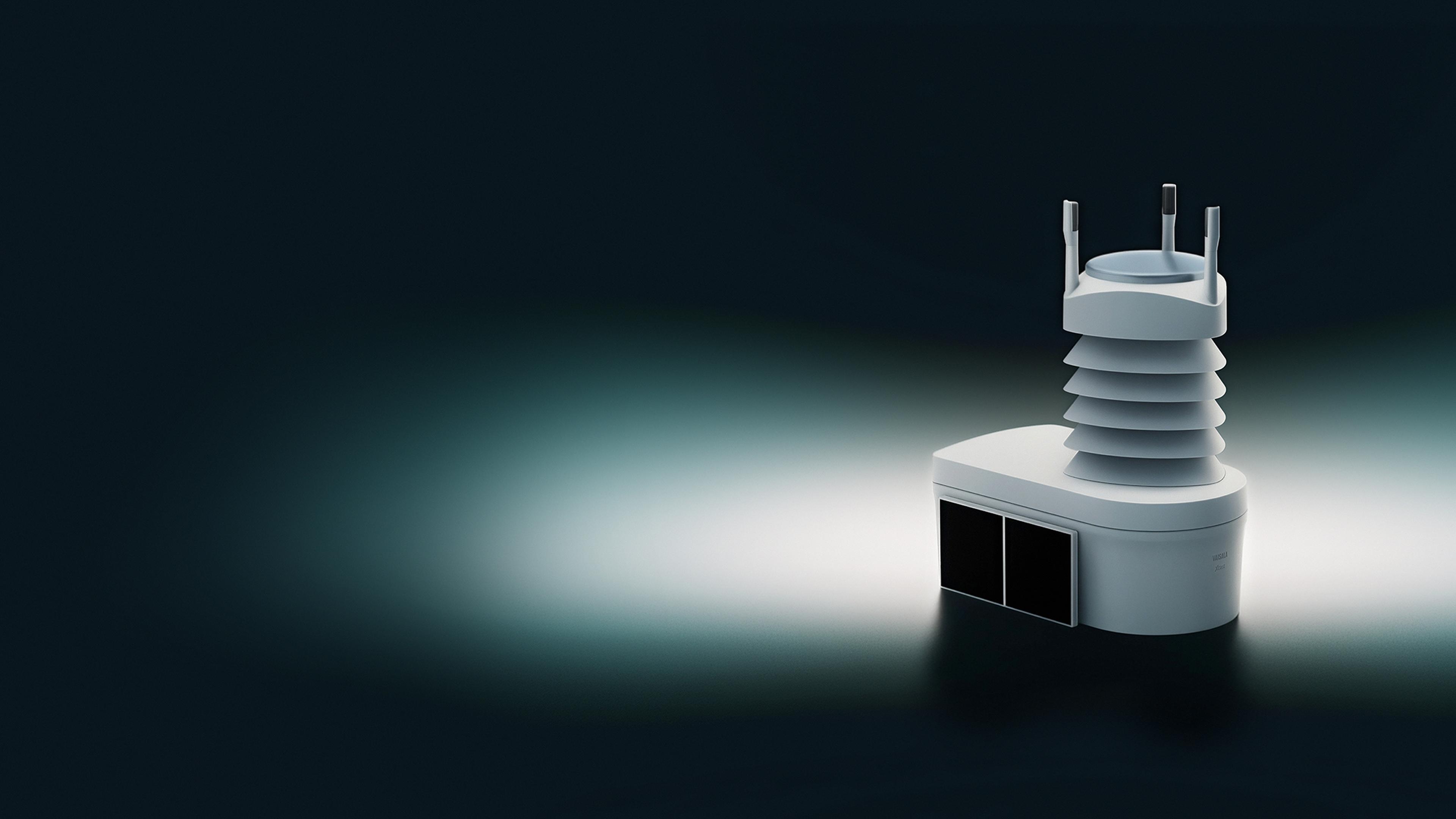 AtmoCast sensor with a layered cylindrical design and antennae, set on a gradient dark background.