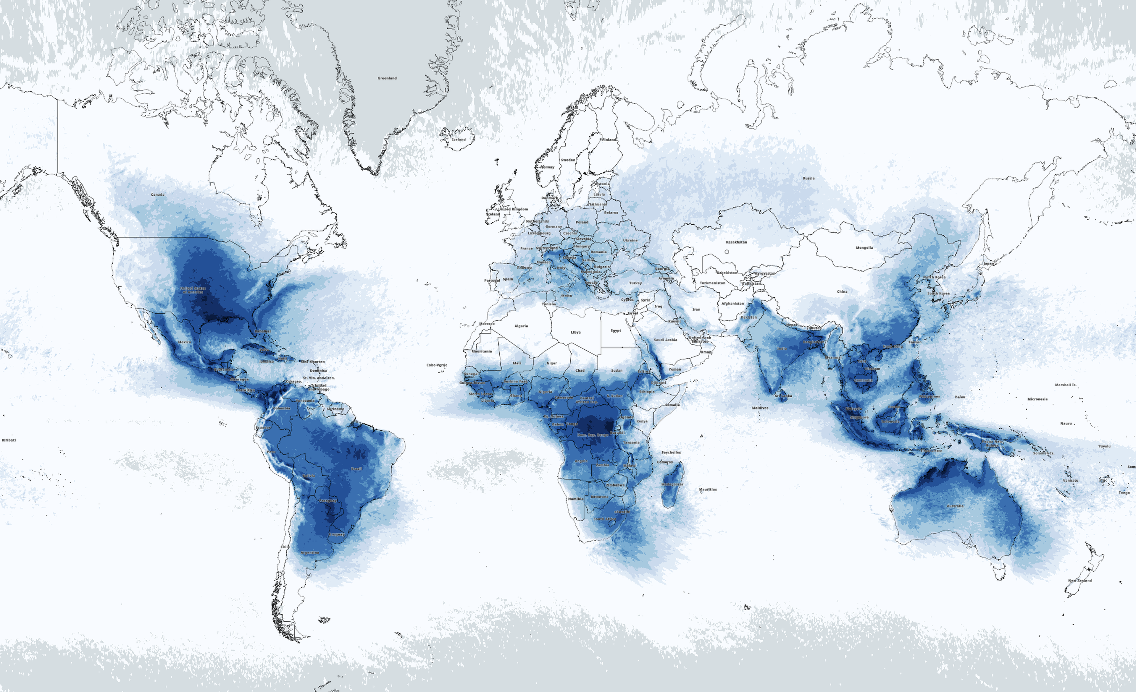 World map highlighting regions in shades of blue, indicating varying levels of lightning density