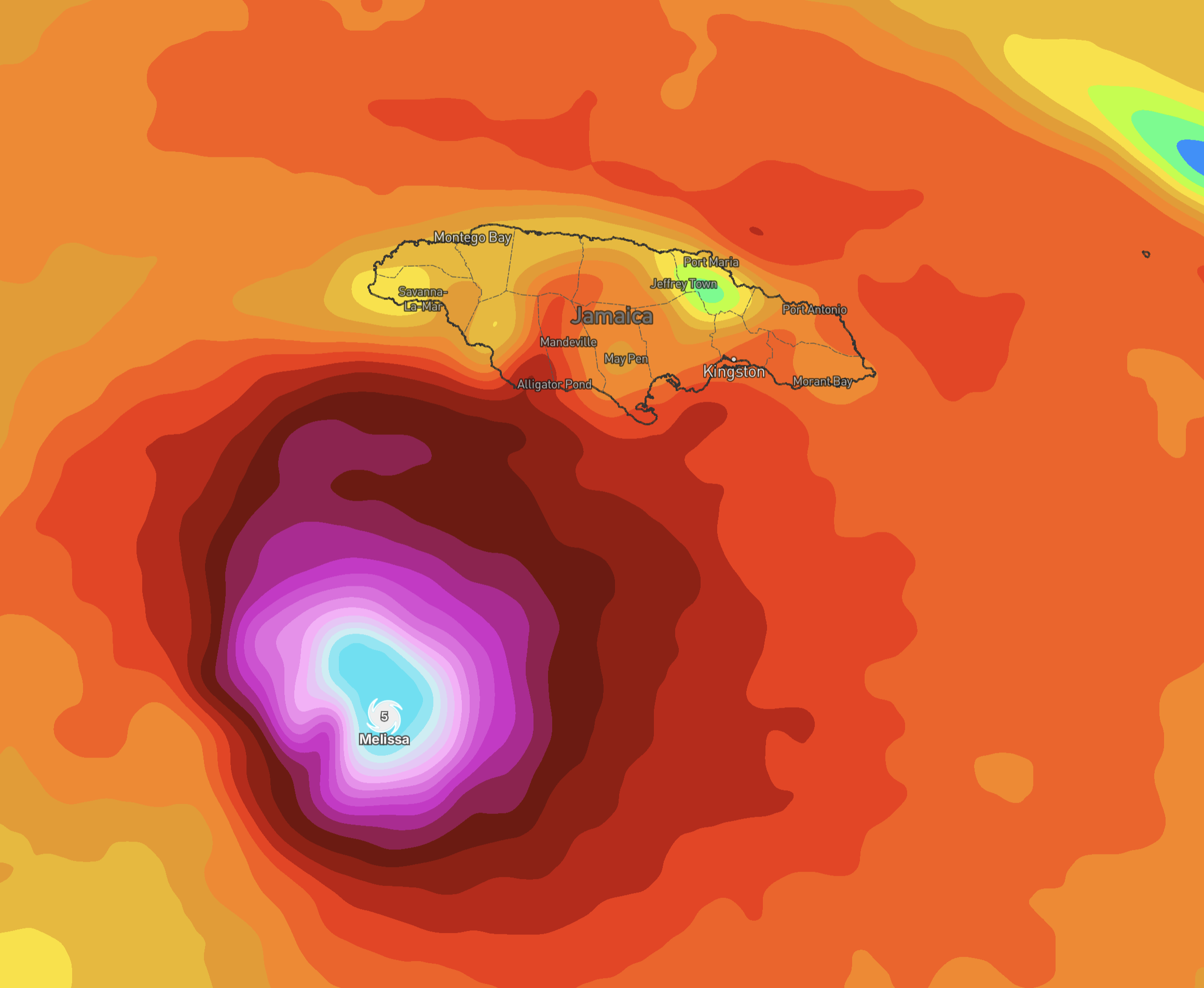 Weather map showing Hurricane Melissa approaching Jamaica. Intensity varies in color, with deep purple indicating the storm's center.