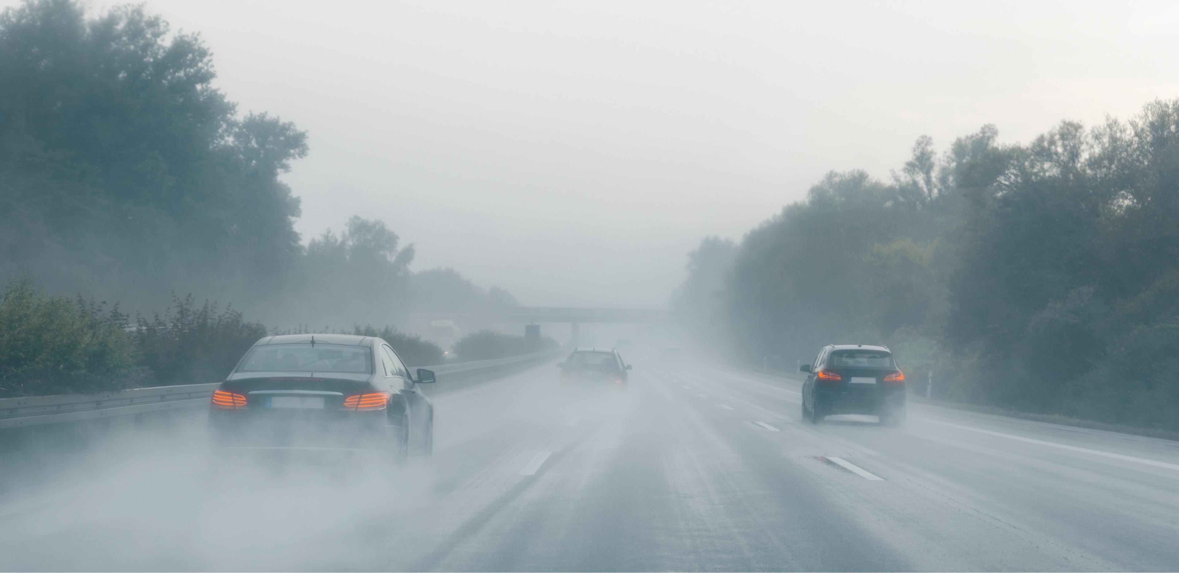 Cars drive on a foggy, wet highway surrounded by trees, with reduced visibility and mist trailing behind the vehicles.