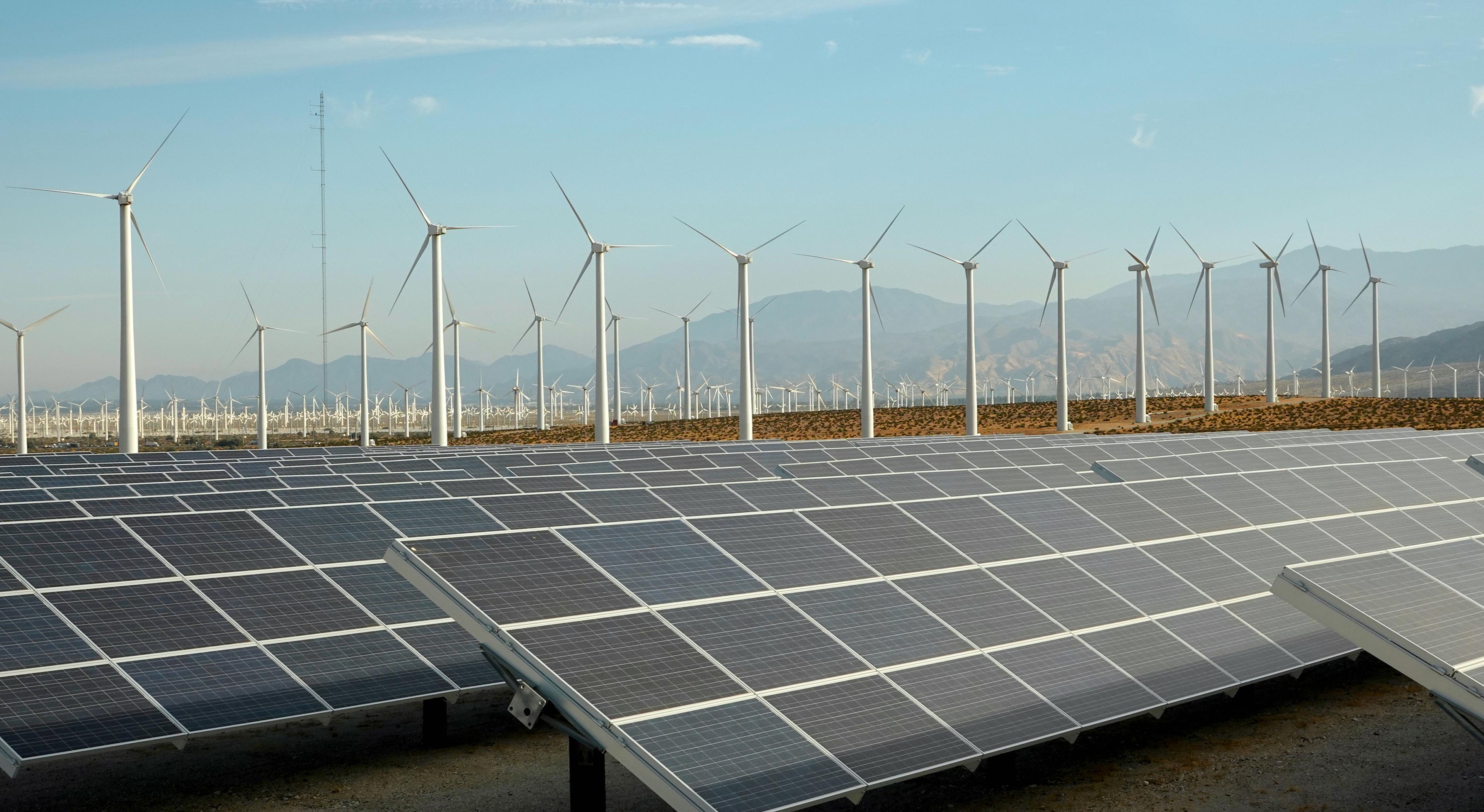 A landscape with rows of solar panels in the foreground and numerous wind turbines in the background against a mountainous horizon.