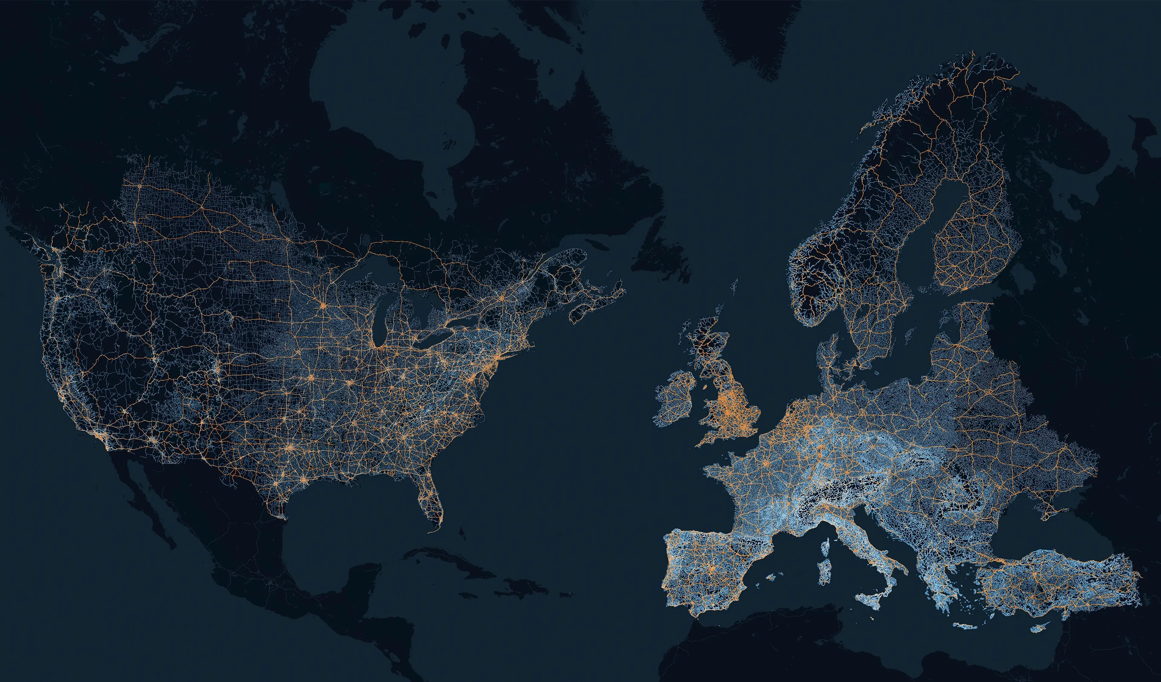Map of North America and Europe showing intricate road networks in bright lines against a dark background.