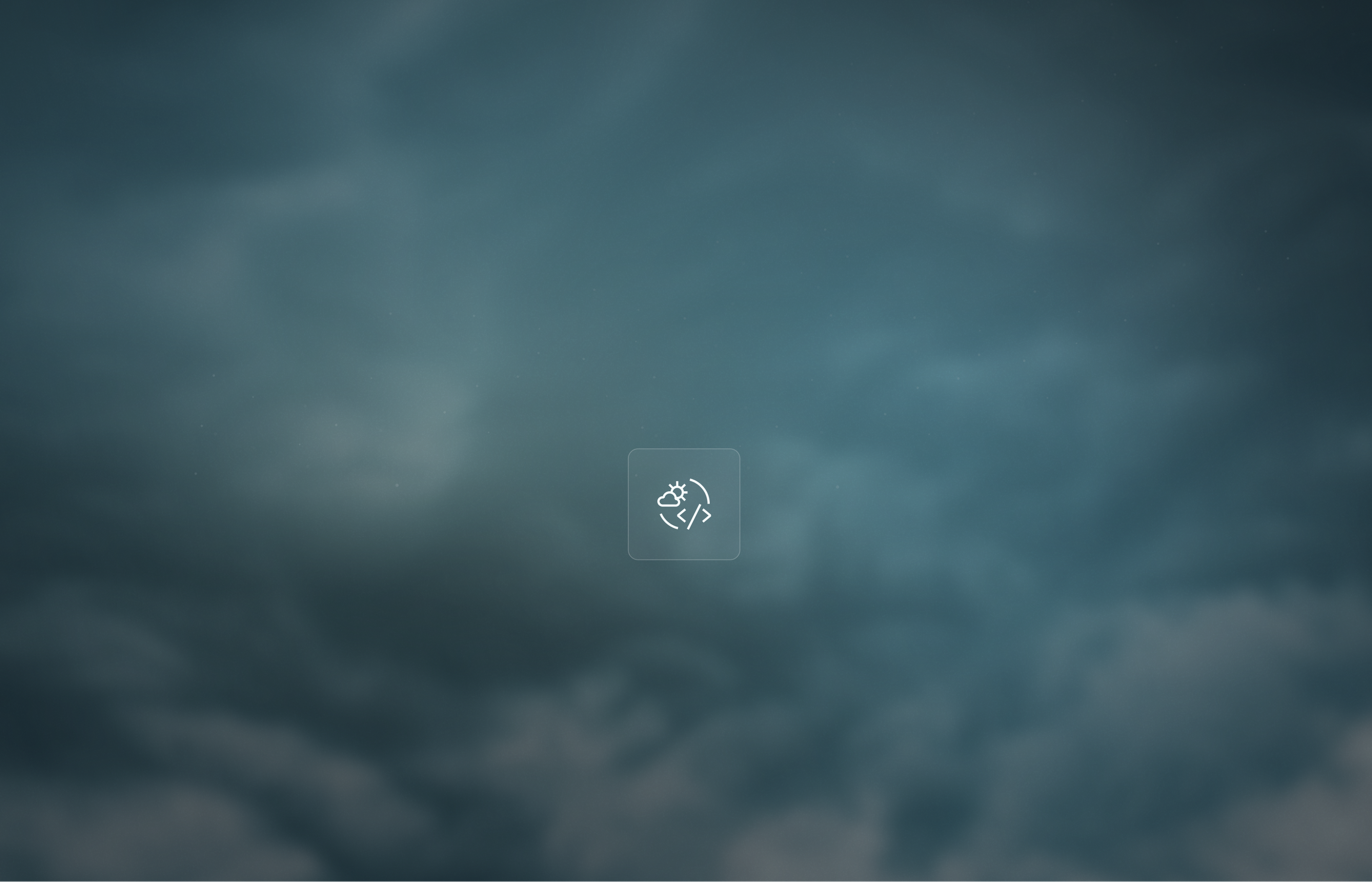 A digital weather icon with a sun and cloud inside a coding symbol, set against a blurred, blue sky background.