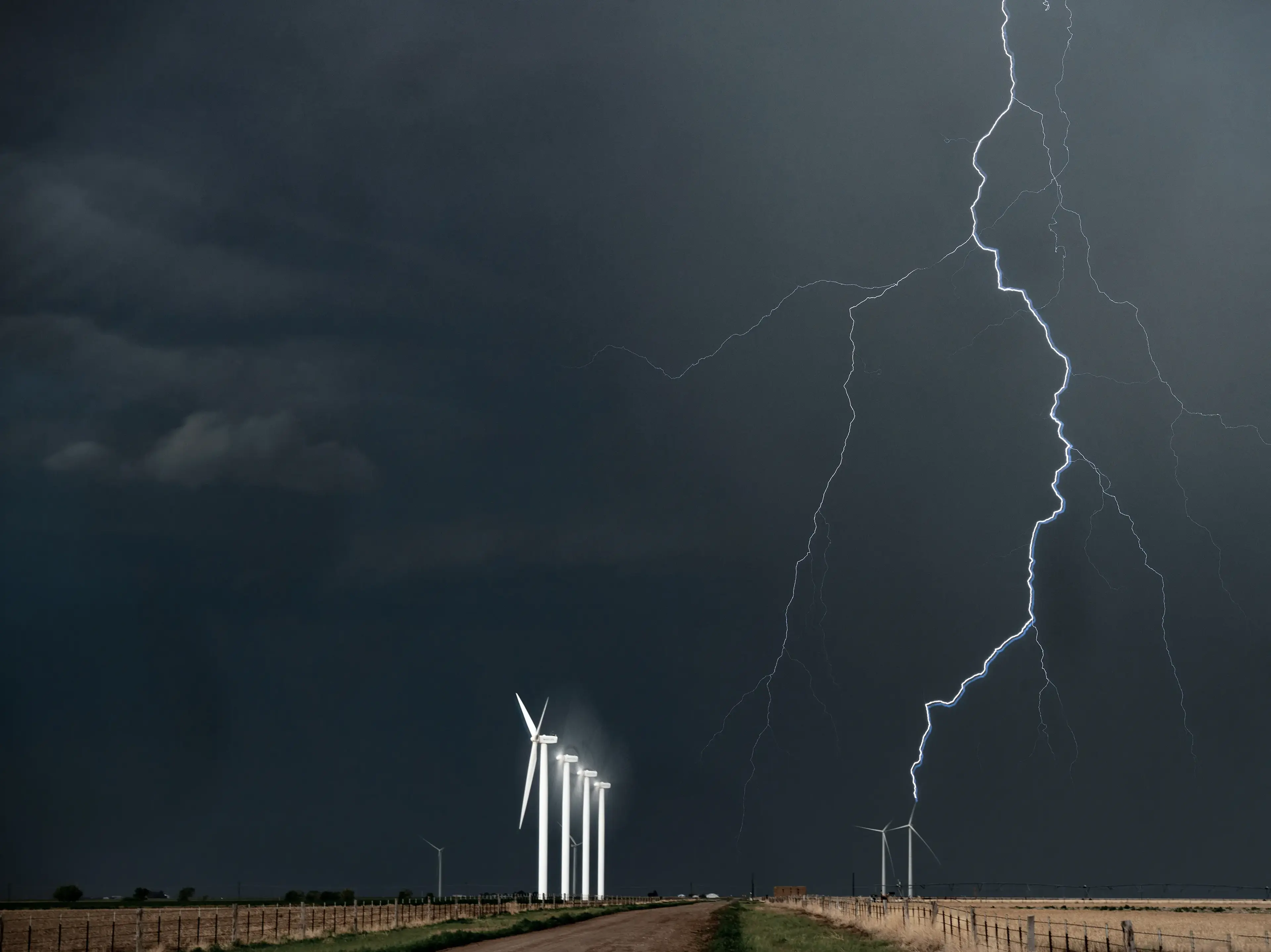 Dramatic dark sky with lightning striking near wind turbines on a rural road.