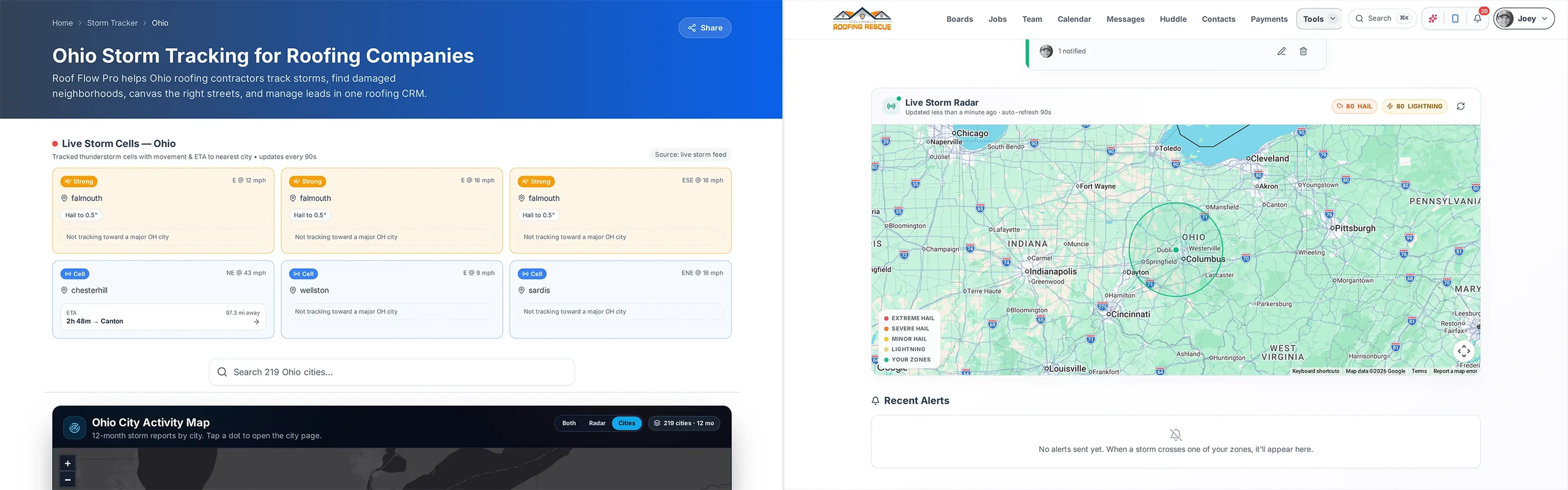 Ohio storm tracking interface for roofing companies, displaying live storm data and radar with city details, hail alerts, and map of Midwest U.S.