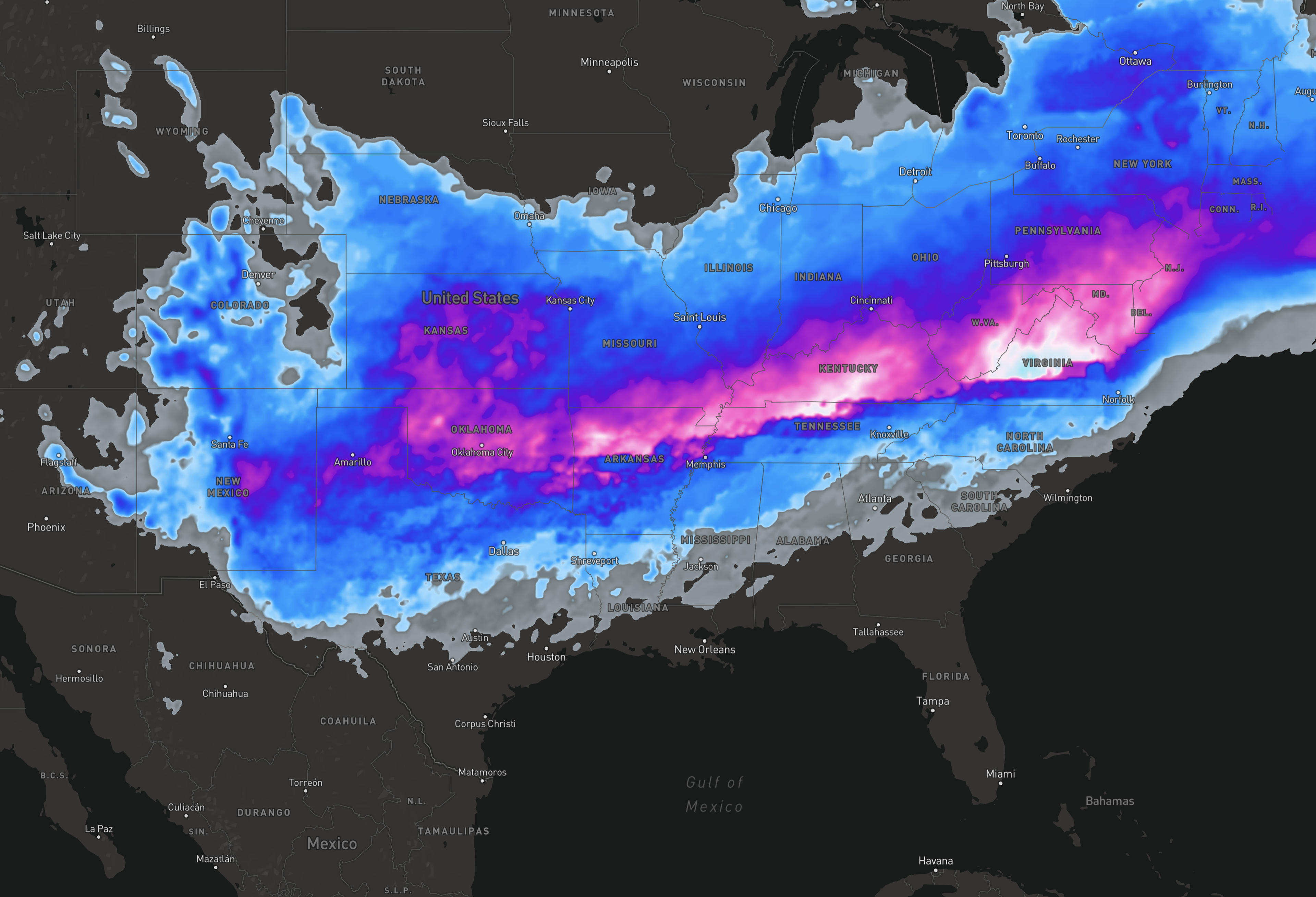 Weather map showing a large snowstorm across the central and eastern United States, with pink and blue indicating varying snow intensities.