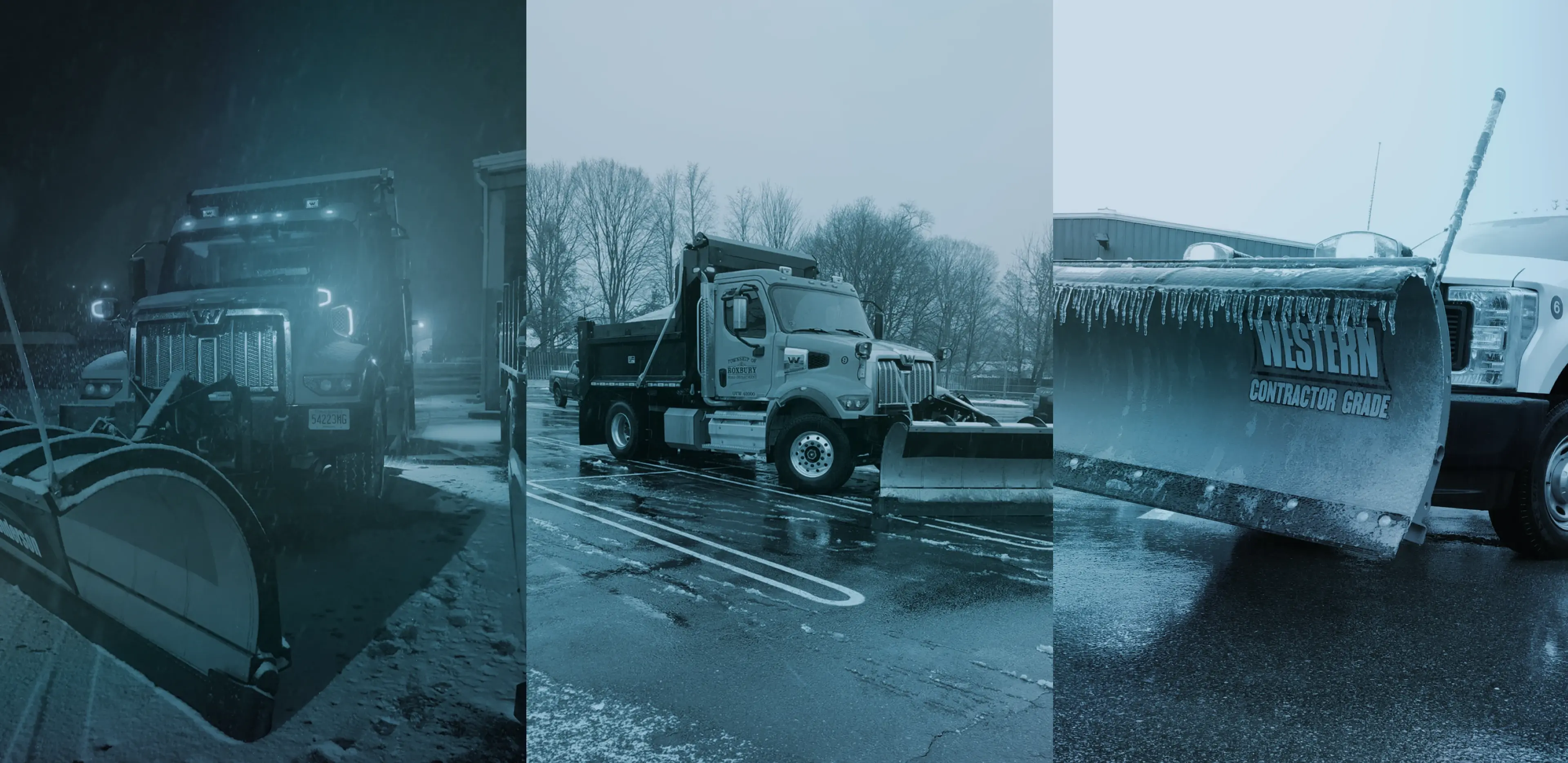 Three snow plow trucks are shown in snowy conditions, each in a different setting, highlighting their winter preparedness and functionality.