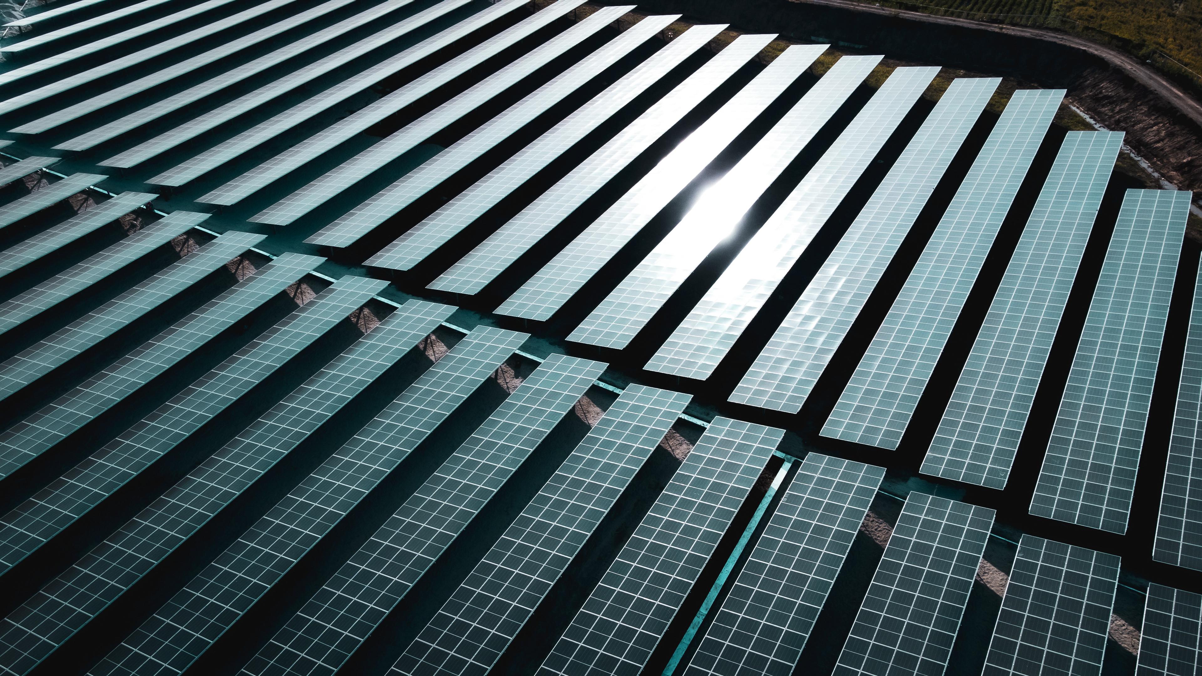Rows of solar panels reflecting sunlight, aligned neatly in an expansive solar farm setting.