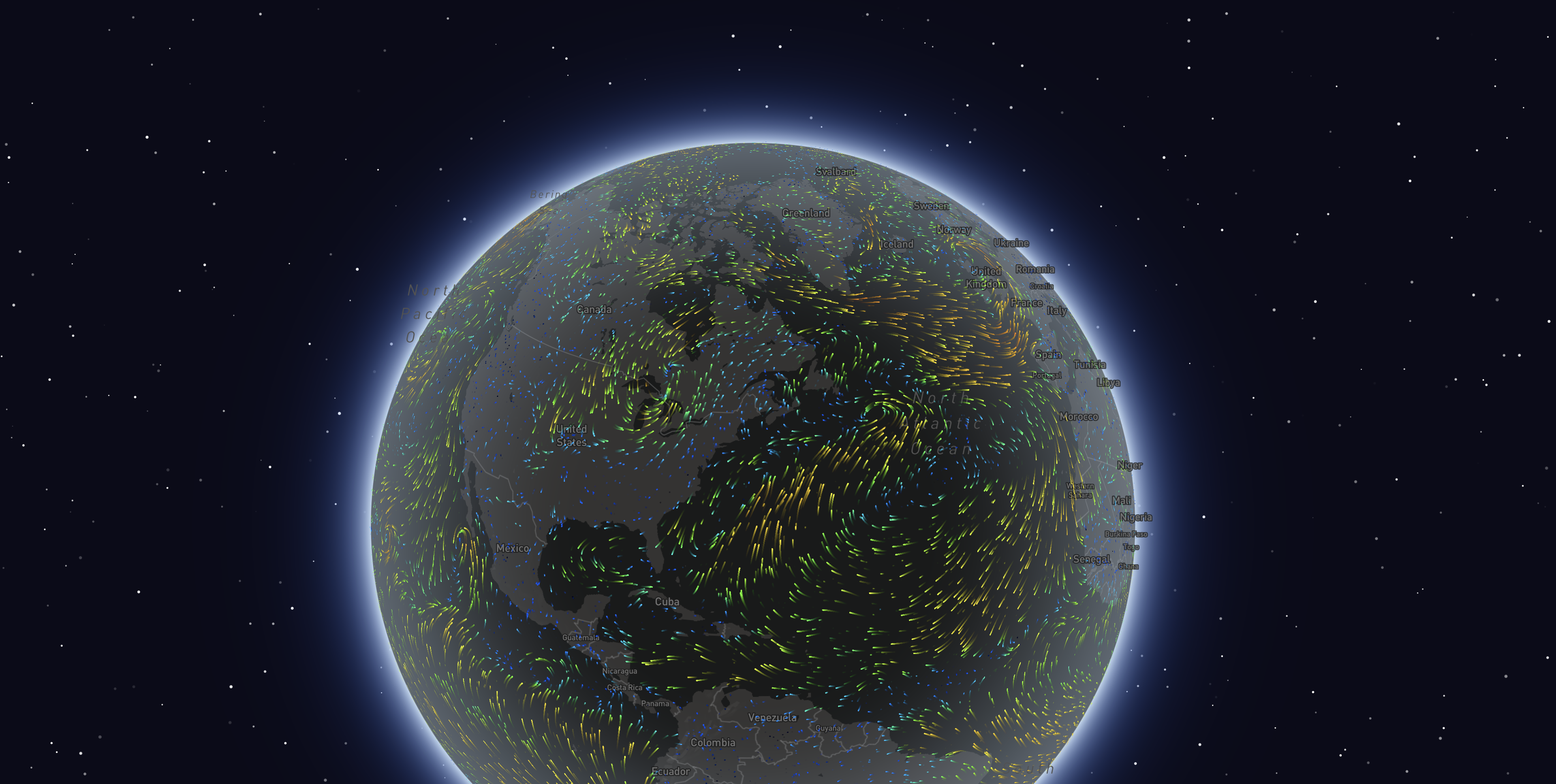 A digital map of Earth shows swirling colorful wind patterns over North America at night, with stars visible in the background.