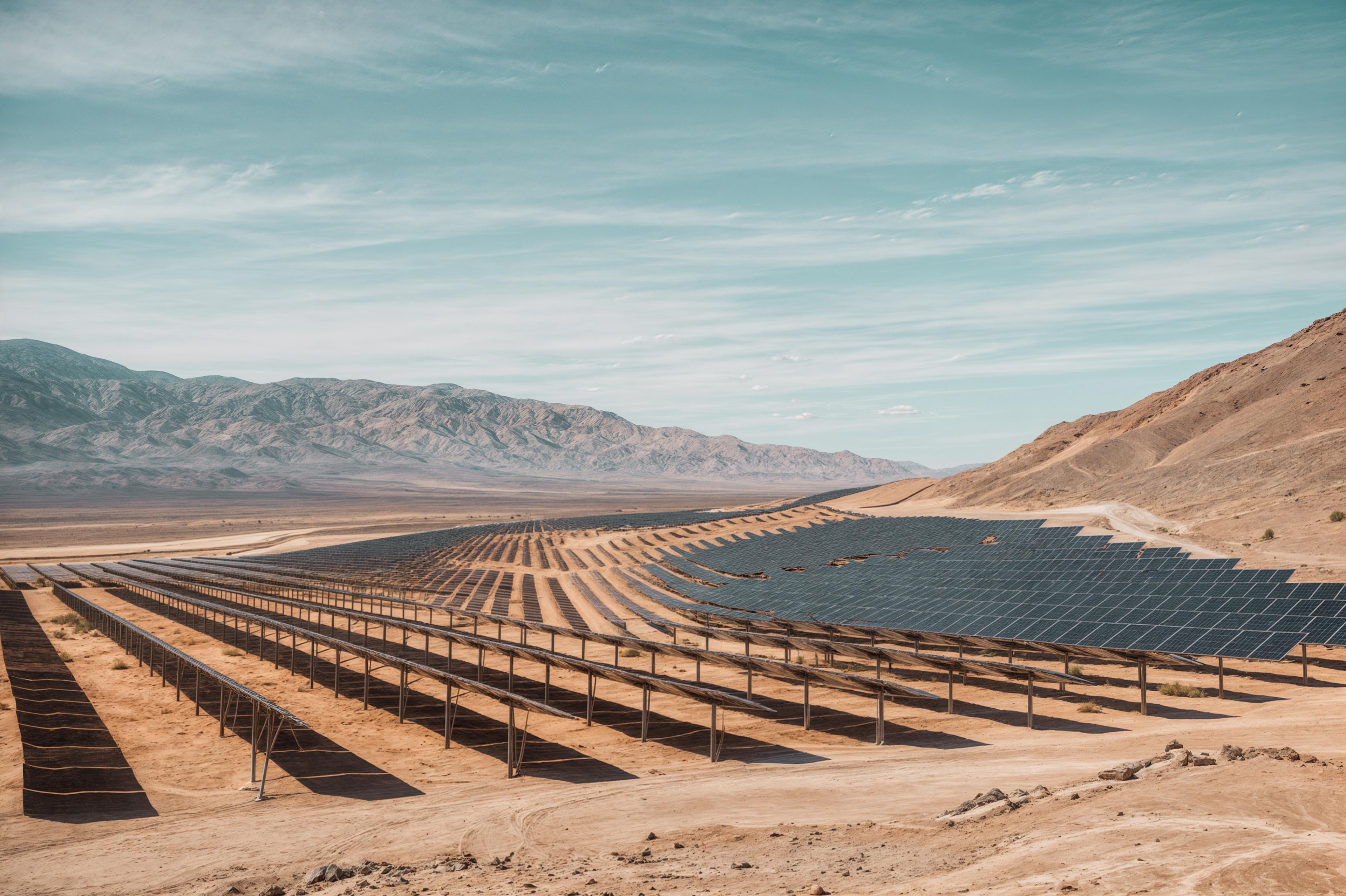 A vast solar farm with rows of solar panels stretches across a desert landscape under a clear blue sky and distant mountains.