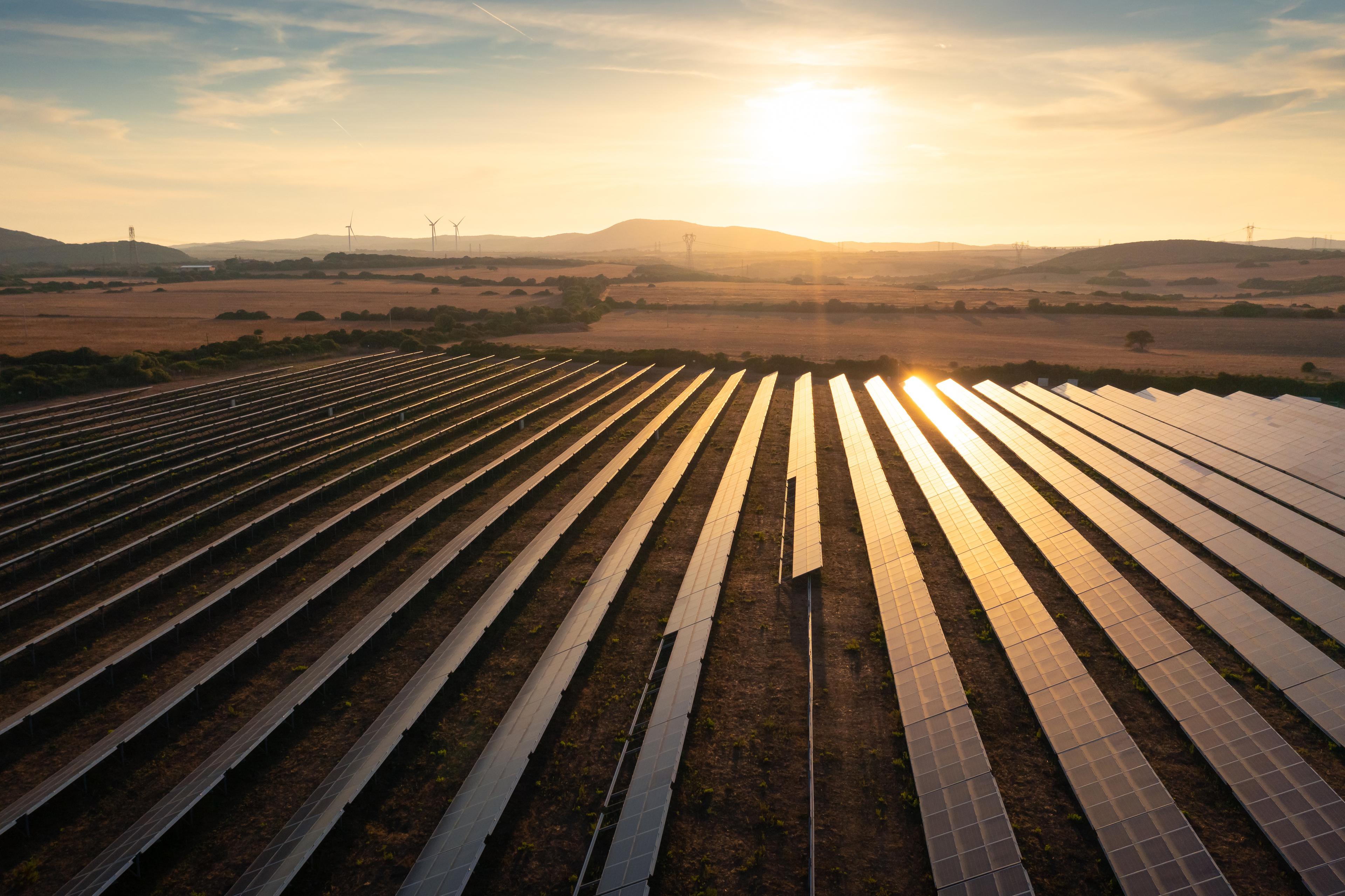 Rows of solar panels in a field during sunset, with distant hills and wind turbines on the horizon.