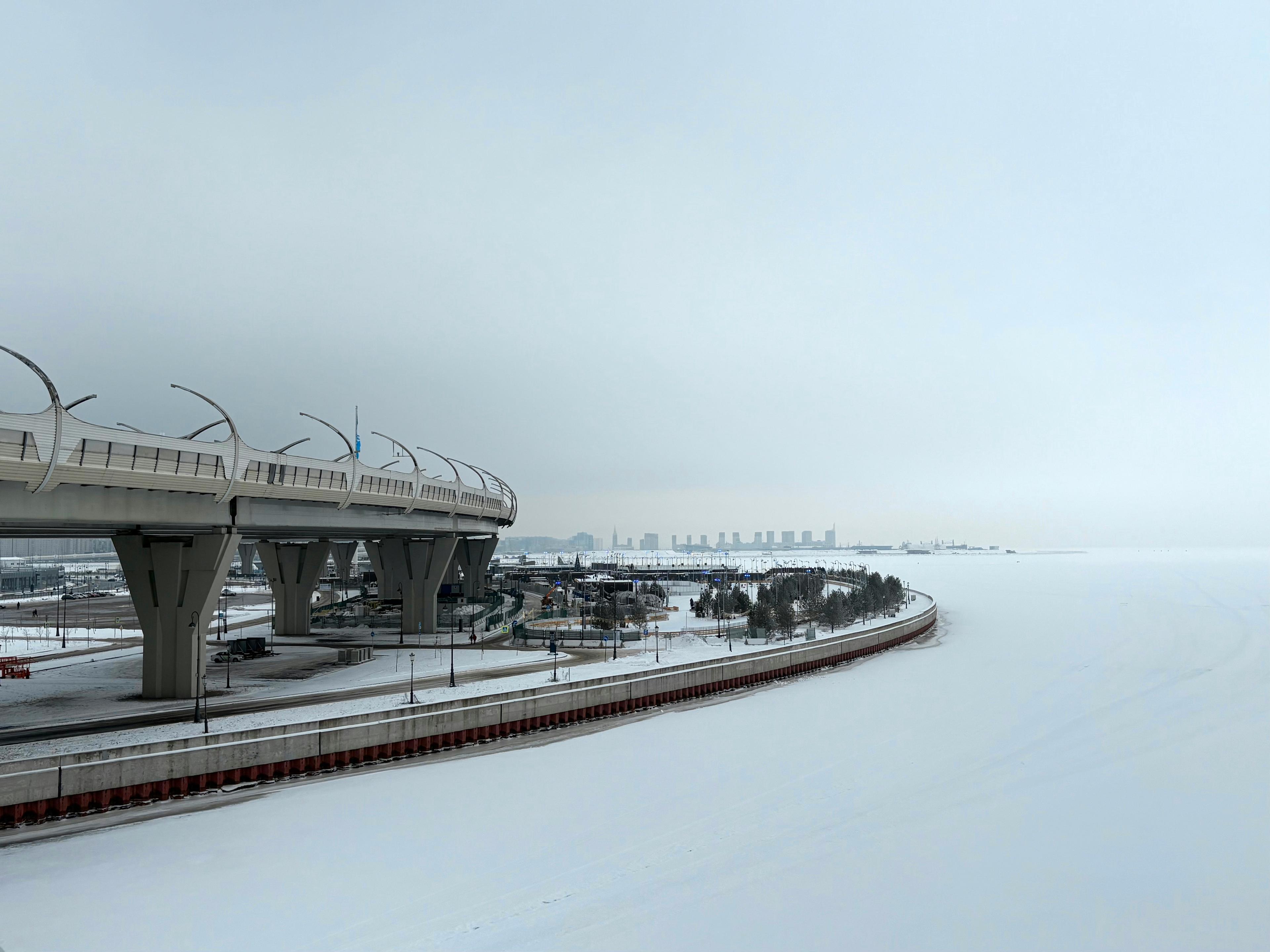 A snowy landscape featuring an elevated highway overpass, a frozen expanse, and distant urban skyline under a gray, overcast sky.