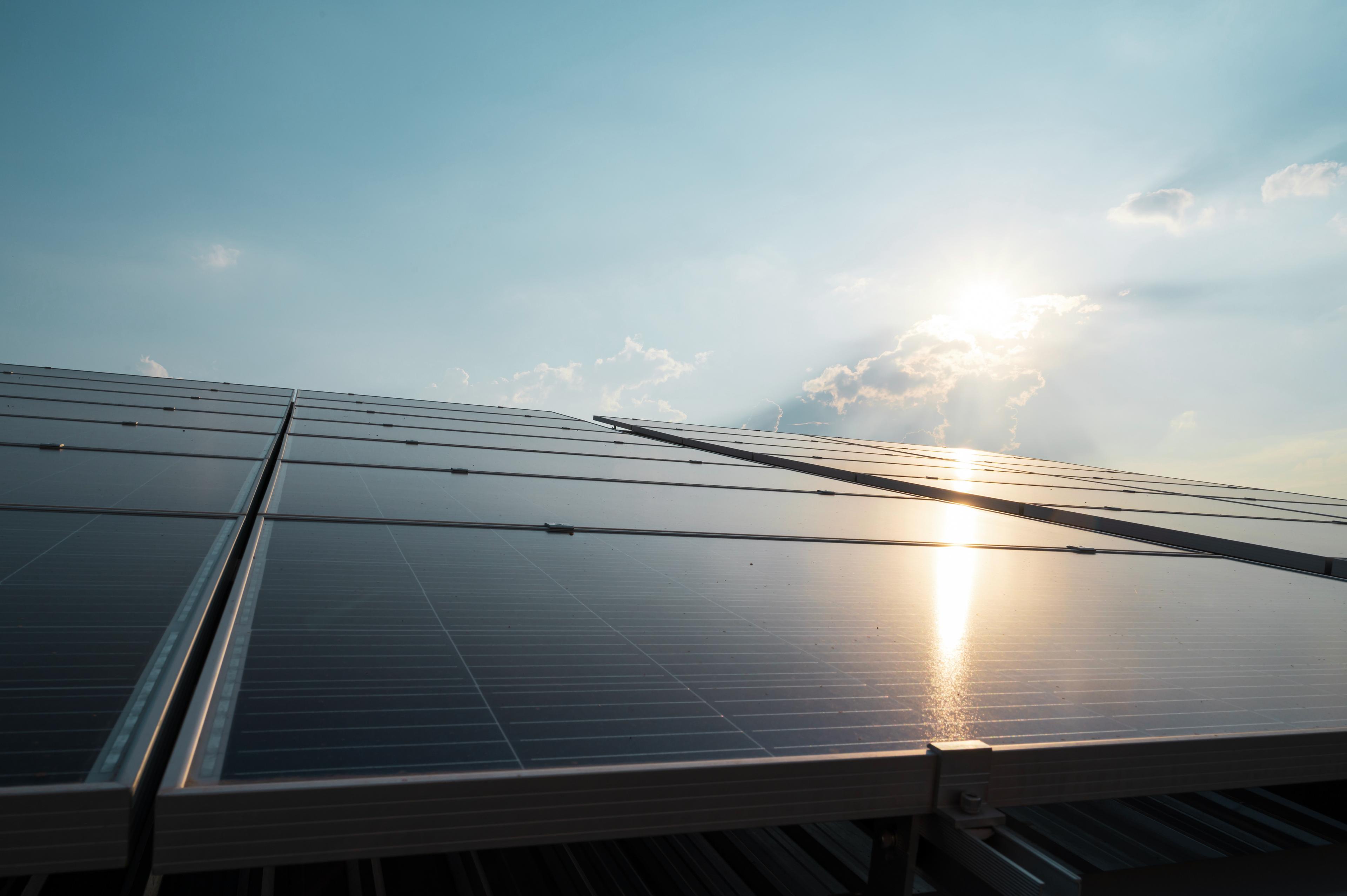 Rows of solar panels reflecting sunlight under a clear blue sky with small clouds.