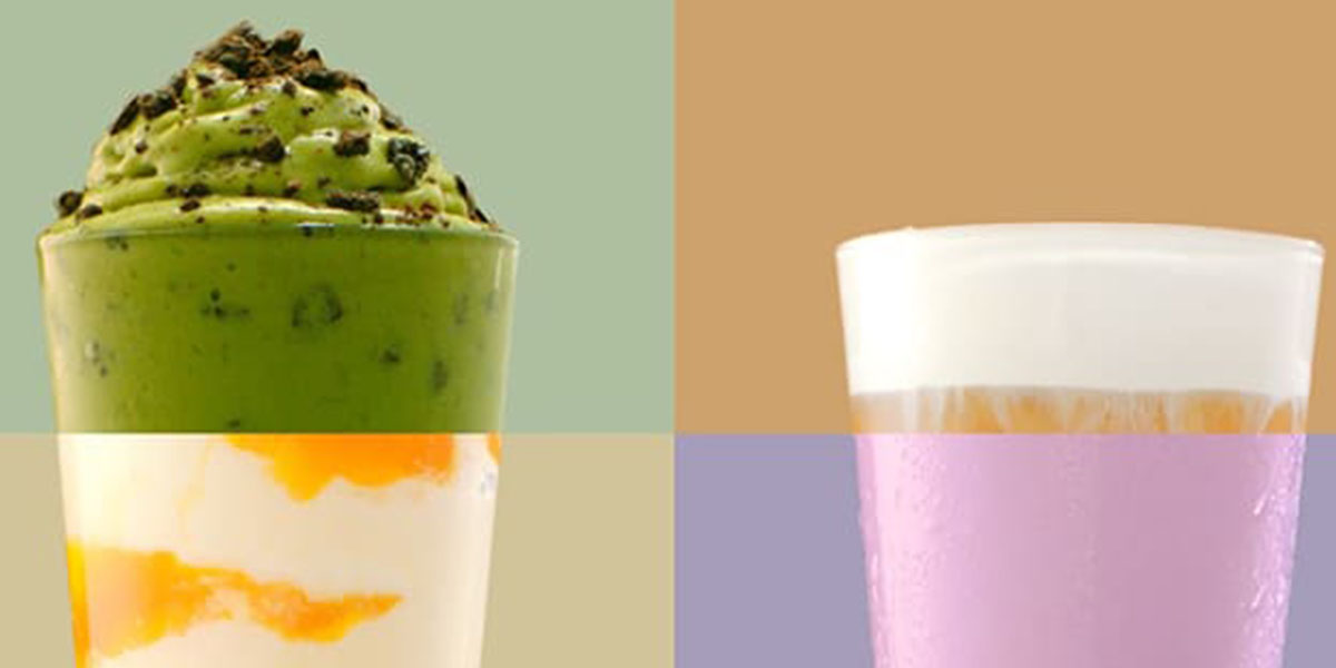 Four-panel image of premium bubble teas: matcha frappe with cookie crumble, mango-swirl milk tea, and a frothy taro latte.