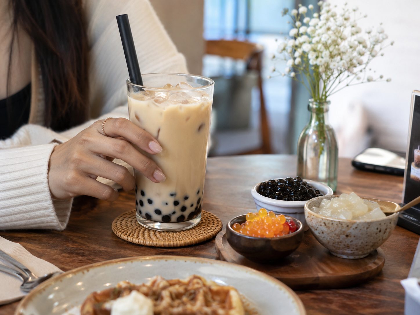 Gong cha bubble tea with tapioca pearls, popping pearls, and jelly toppings