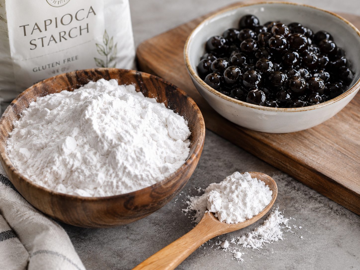Tapioca starch and black tapioca pearls showing what boba is made of
